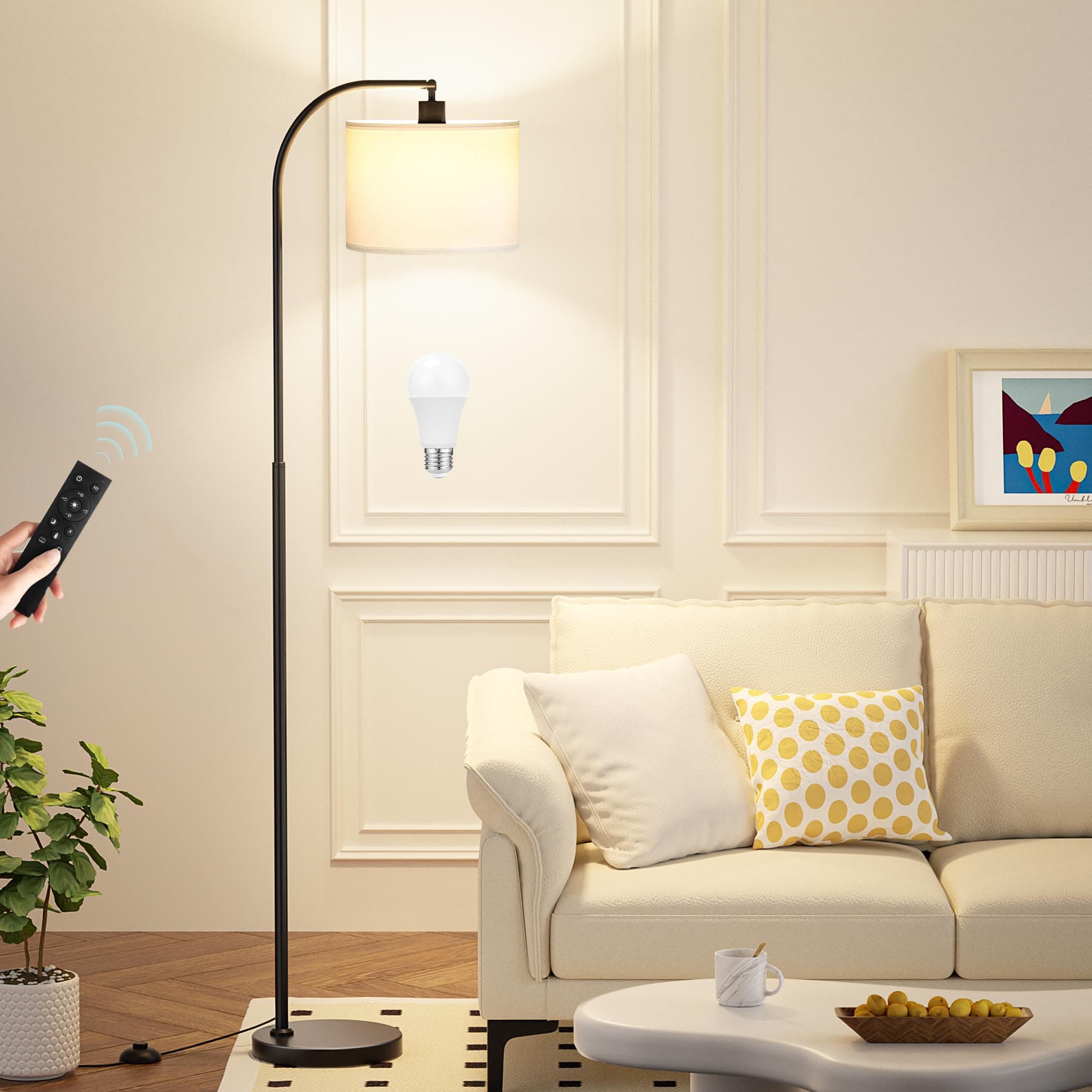 Arc Floor Lamp with Remote and Stepless Dimmable Bulb, Colors Temperature & Brightness Adjustable, Floor Lamps for Living Room(White Shade & Black Pole)