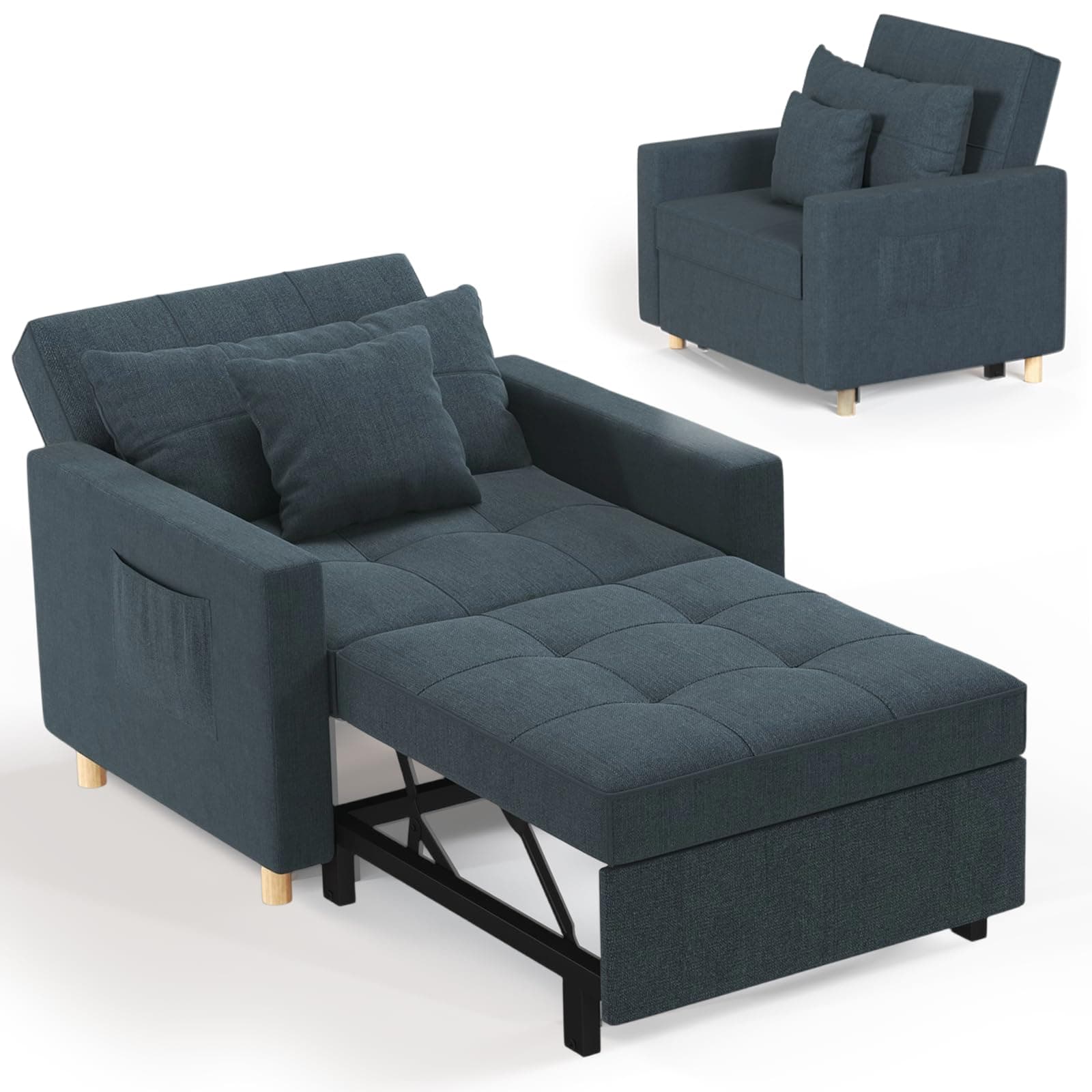 YODOLLA 3-in-1 Sleeper Chair Bed, Convertible Single Sofa for Small Room, Adjustable Armchair With Side Pocket, Navy