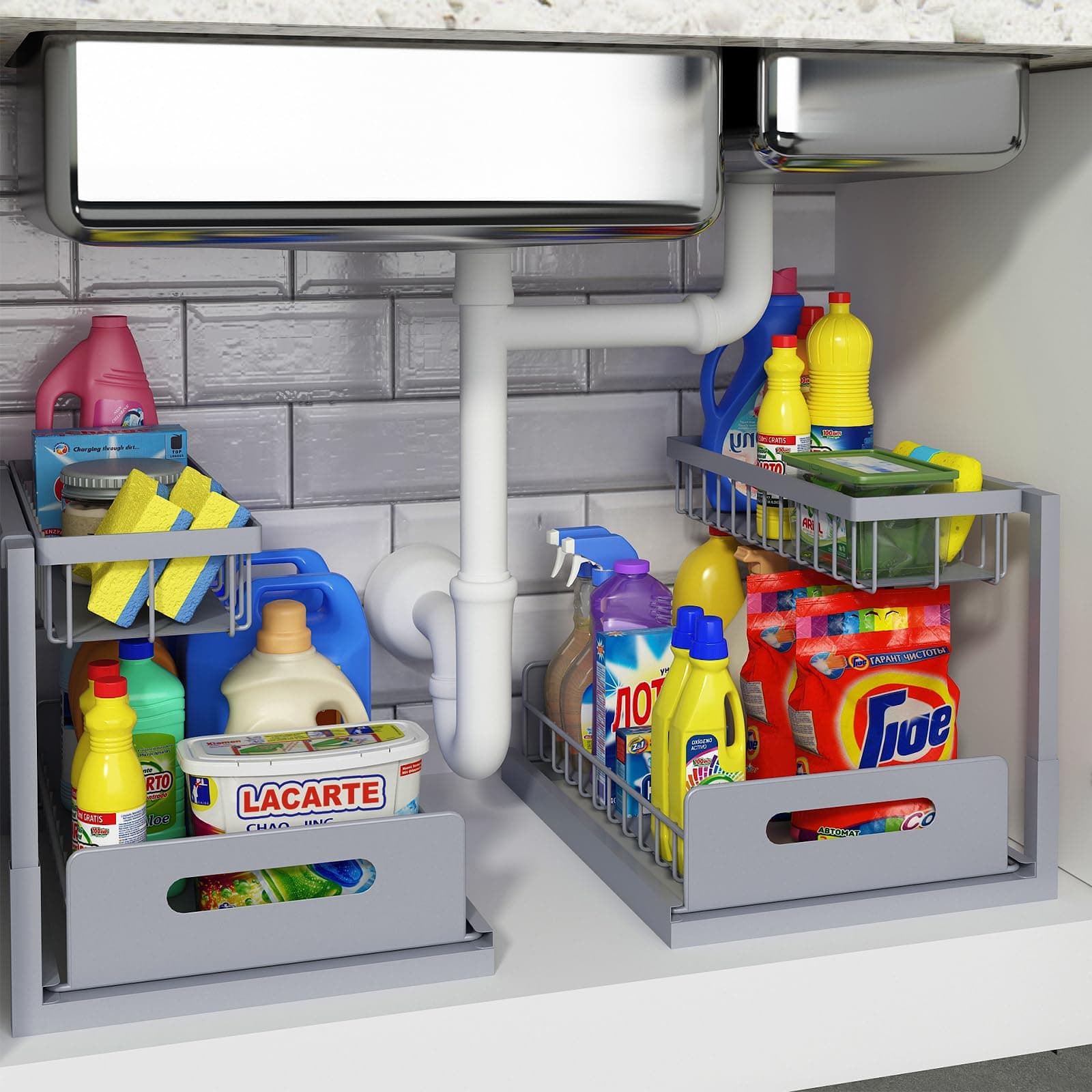 REALINN Under Sink Organizer, Pull Out Cabinet Organizer 2 Tier Slide Out Sink Shelf Cabinet Storage Shelves, Storage for Kitchen Bathroom, Grey, 2 Pack