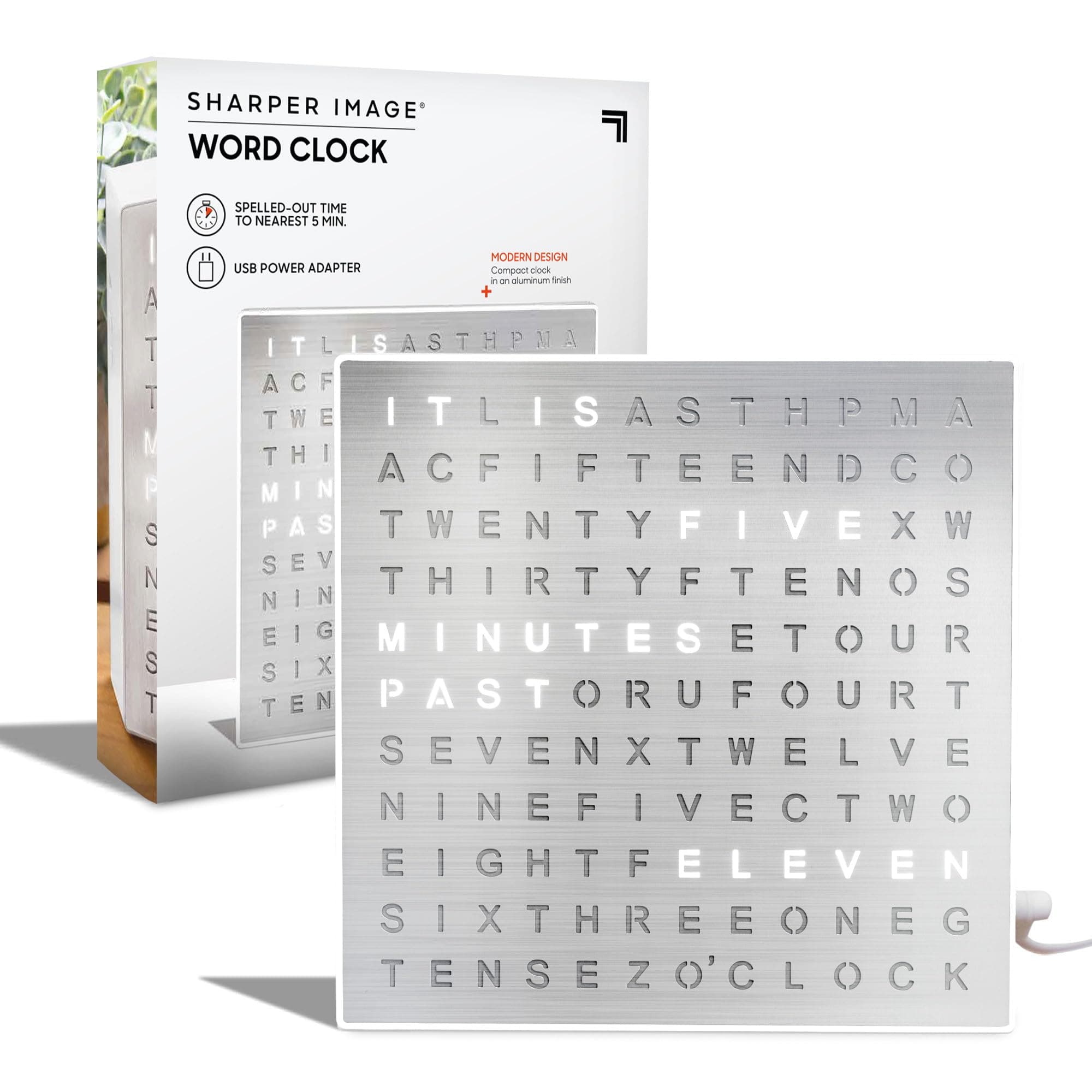 Sharper Image LED Word Digital Clock, 7.75", Silver Finish, Light-Up Desk & Wall Clock, Modern Time Display, Shelf or Wall Decor for Home Office, Living Room, Kitchen & Bedroom, Housewarming Gift