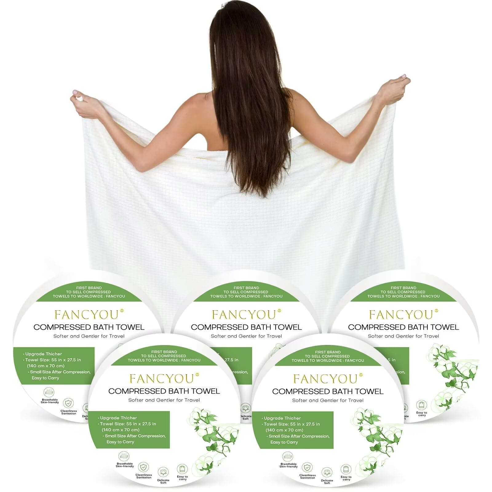 fancyou Disposable Bath Towels Compressed Towel, 55''X27.5'' Large Thicken Travel Towel Disposable Camping Shower Body Towels for Hotel Beach Swimming Pet Towels(5 Pack Green)