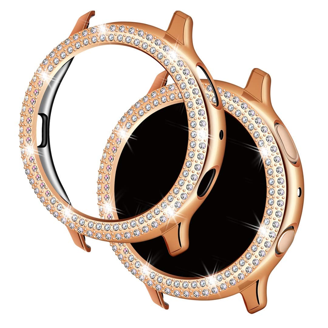 Falandi Compatible for Samsung Galaxy Watch Active 2 Screen Protector, Case with Doulbe Rows Rhinestones Bling Crystal Diamonds Plate face Case Cover Frame Bumper 44mm/40mm, (Rose Gold, 44mm)