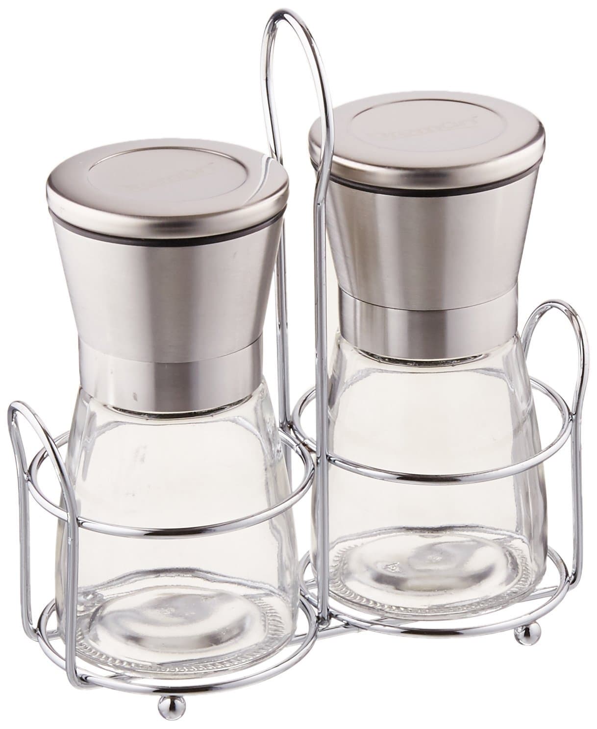 Dremun Premium Salt and Pepper Grinder Set with Table Stand, Brushed Stainless Steel, Adjustable Coarseness, Easy to Fill