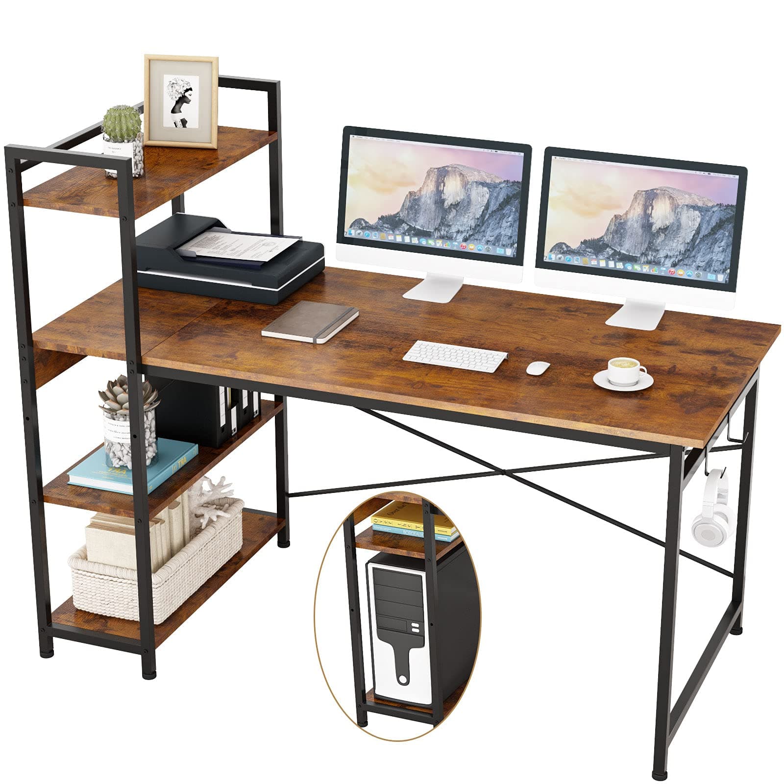 Computer Desk with 4 Tier Shelves for Home Office, 55" Writing Study Table with Bookshelf and 2 Hooks, Multipurpose Industrial Wood Desk Workstation with Metal Frame for PC Laptop, Rustic Brown
