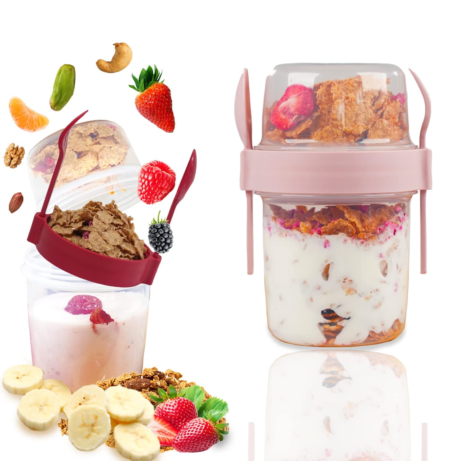 Salda 2 Pack 22 oz Breakfast On the Go Cups, Take and Go Yogurt Cup with Topping Cereal Cup with spoon and fork, Overnight Oats or Oatmeal Container Jar, Colorful Set of 2 (Red and Pink)