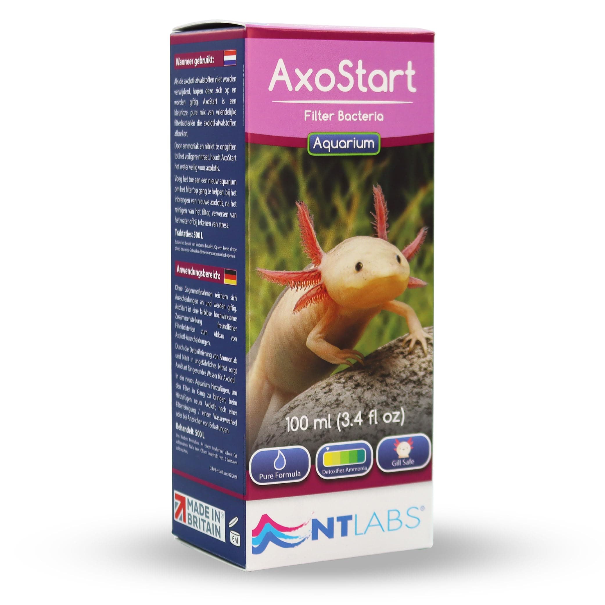NT Labs AxoStart Filter Bacteria, Axolotl Filter Bacteria, Breaks Down Toxic Axolotl Waste, Prevents Ammonia & Nitrite, Use After Adding Axolotl or a Filter Clean (100ml - Treats 500L)