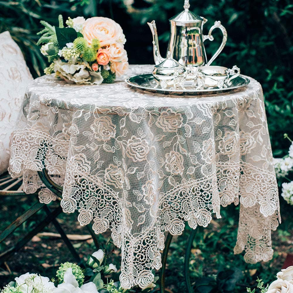 ARTABLERectangle Small Table Cloth Lace Macrame Vintage Tablecloth Shabby Chic Embroidered Oblong Table Cover for Wedding Banquet Holiday Long Dinner Tables (Golden, 33" x 33")