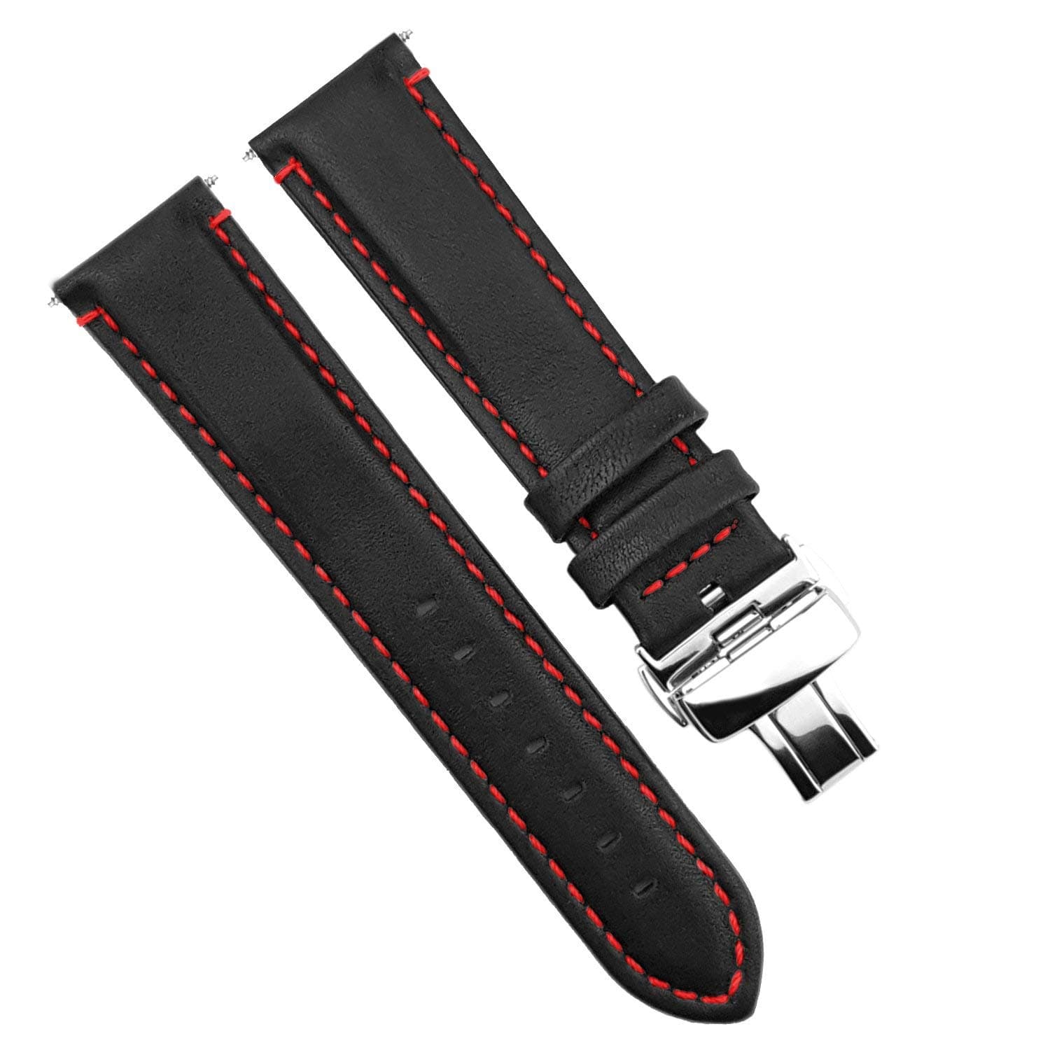 Dura Straps Deployment Clasp Watch Band Push Button Butterfly Pattern Genuine Replacement Leather Straps for Men and Women with Elegant Stitches