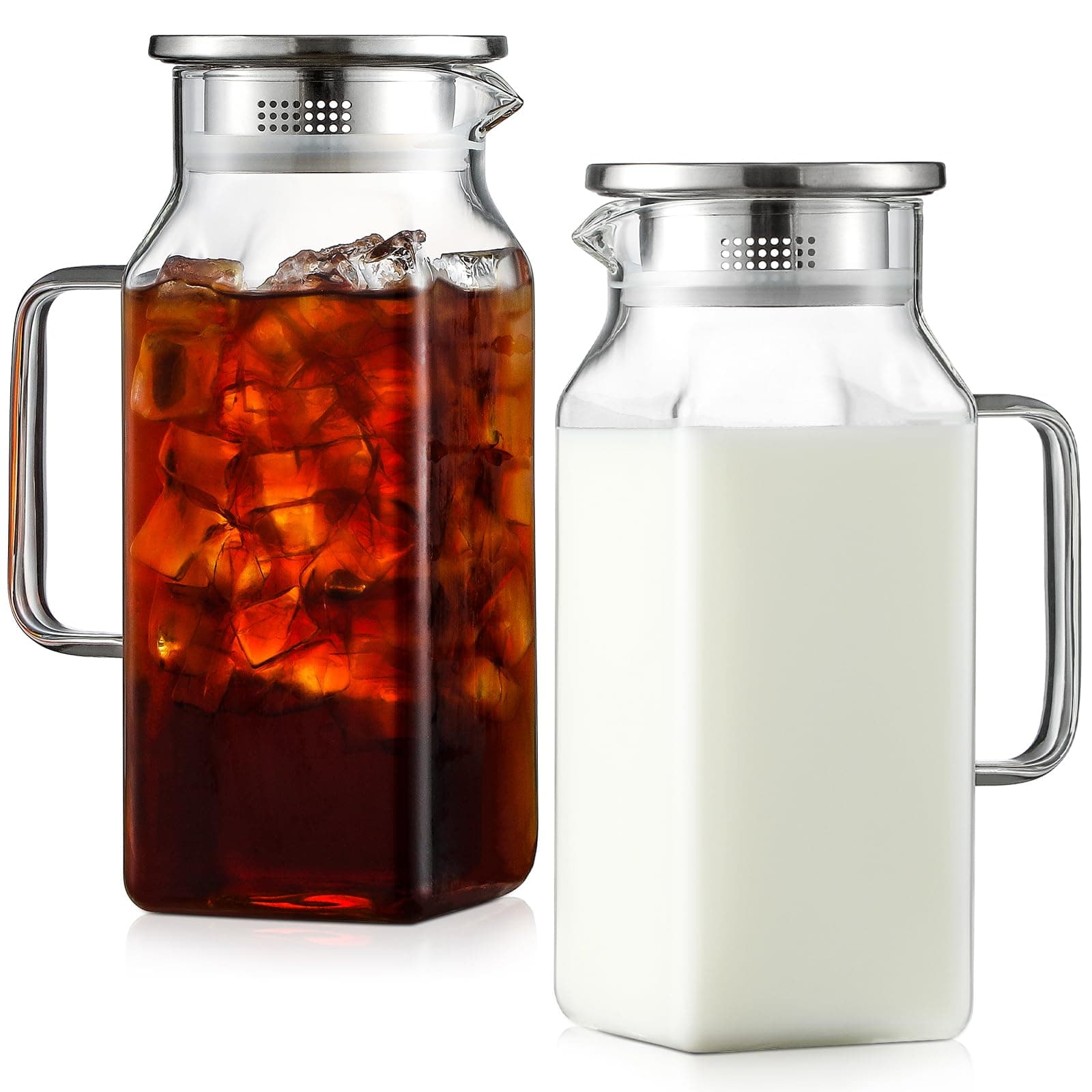 Netany 2 Pack 1.2 Liters/40 oz Small Square Glass Pitcher with Lid and Handle for Fridge, Iced Tea and Coffee Carafe Storage Container, Resistant to Hot and Cold Borosilicate Jug