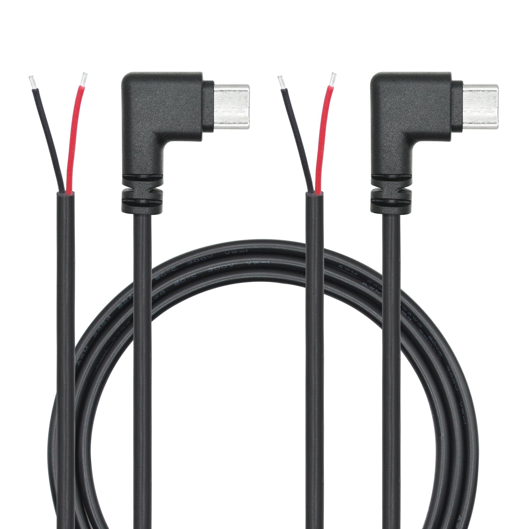 USB C to 2 Pin Bare Wire Open End Cable, 1M/3FT, 5V/3A, Right Angle Male, Easy Solder, PVC, Black, 2Pcs, for LED Desk Lamp, Small Fan, Bedside Lamp