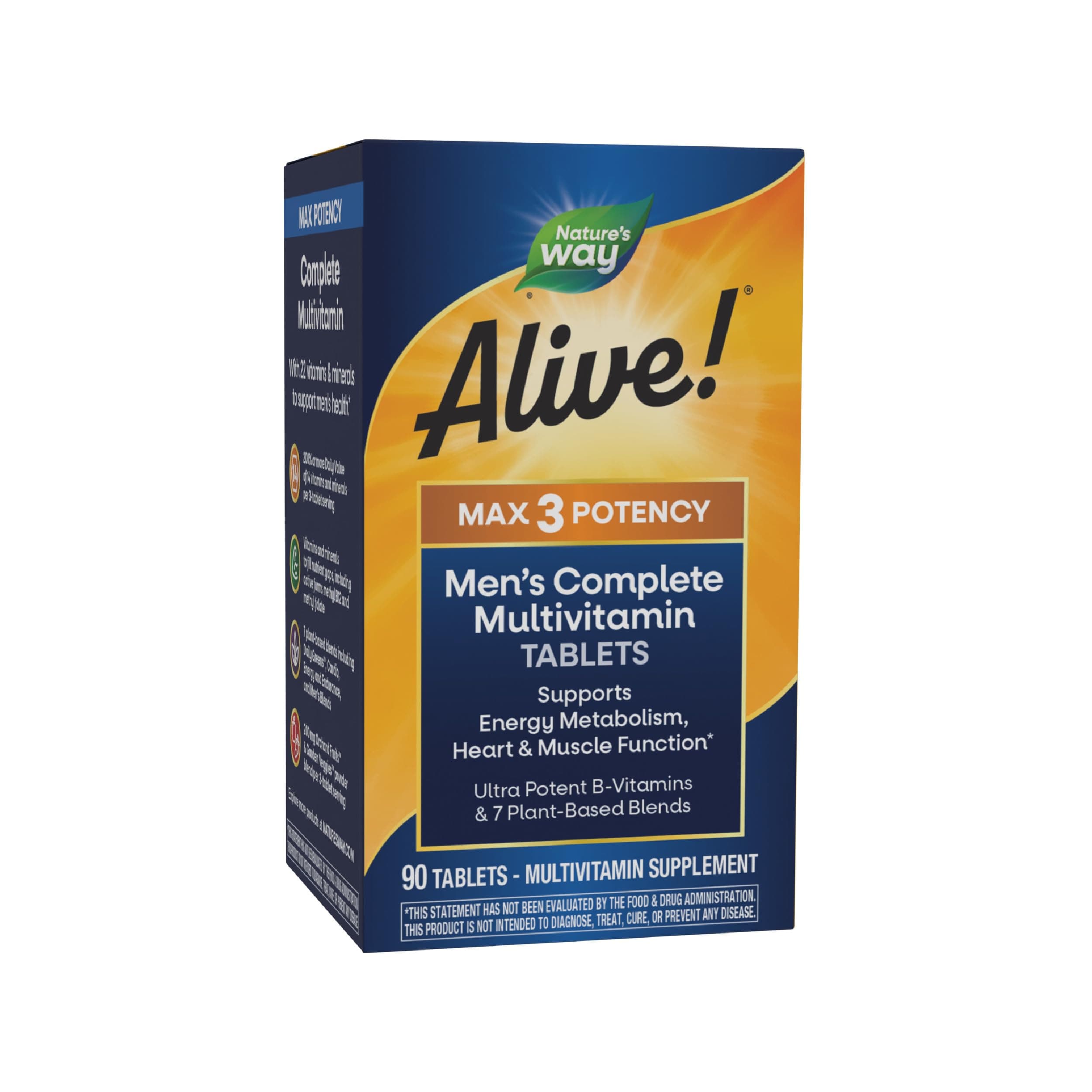 Nature’s Way Alive! Men’s Max3 Potency Multivitamins, Supports Energy Metabolism*, Heart & Muscle Function*, with Methylated B12 and Folate, Gluten-Free, 90 Tablets