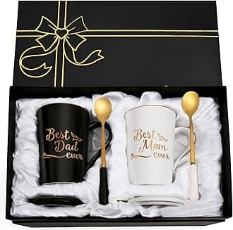 YHRJWN Mom and Dad Gifts, Best Dad and Mom Mug, Christmas Birthday Gifts for Parents from Daughter Son New Parent Couple Gift Set, Christmas 14 Oz Coffee Mug with Gift Box Coaster Spoon