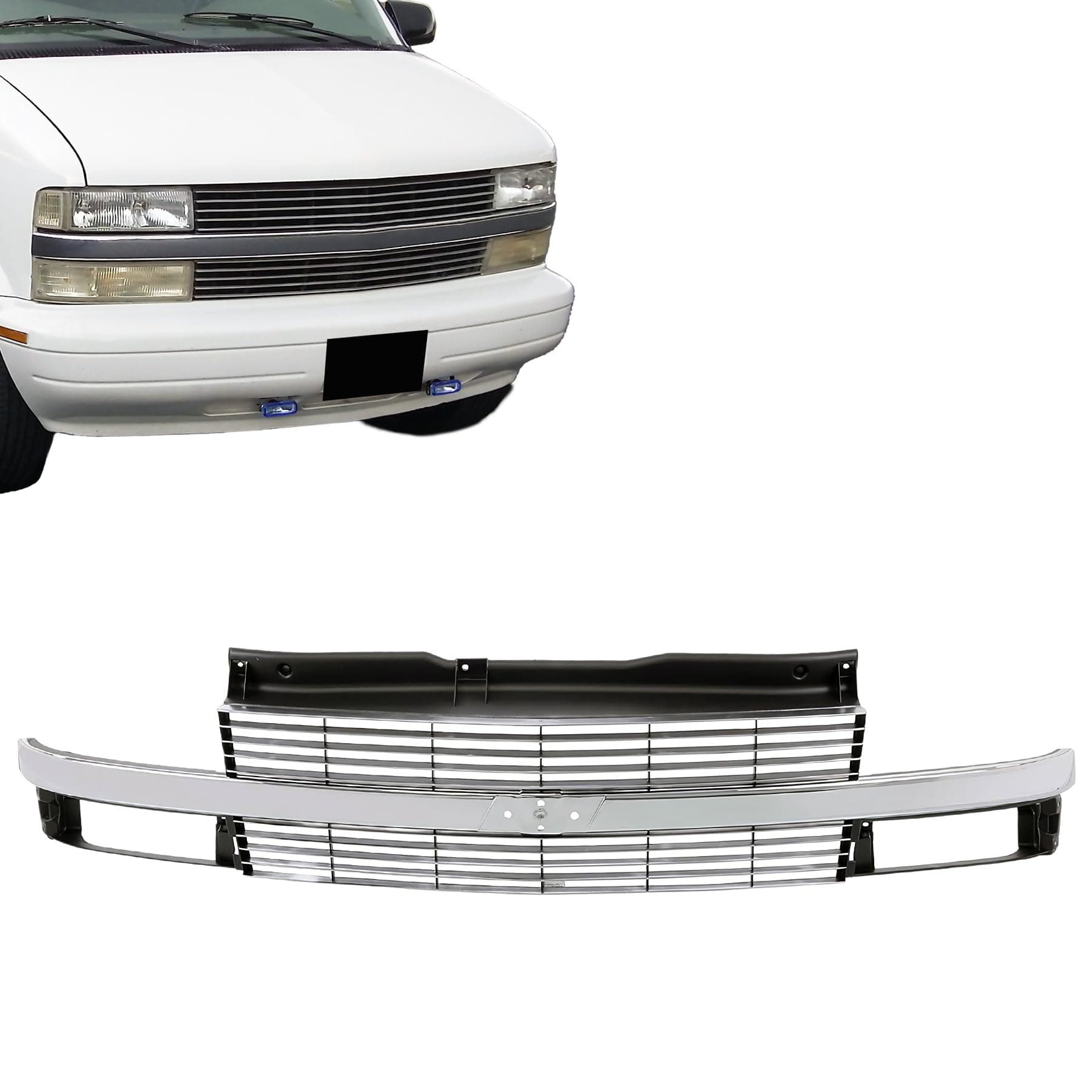 Replacement Parts Front Grille Grill With Chrome Center Bar, Silver Gray Shell And Insert Compatible For 1995-2005 CHEVY Astro Van 15760162 GM1200371
