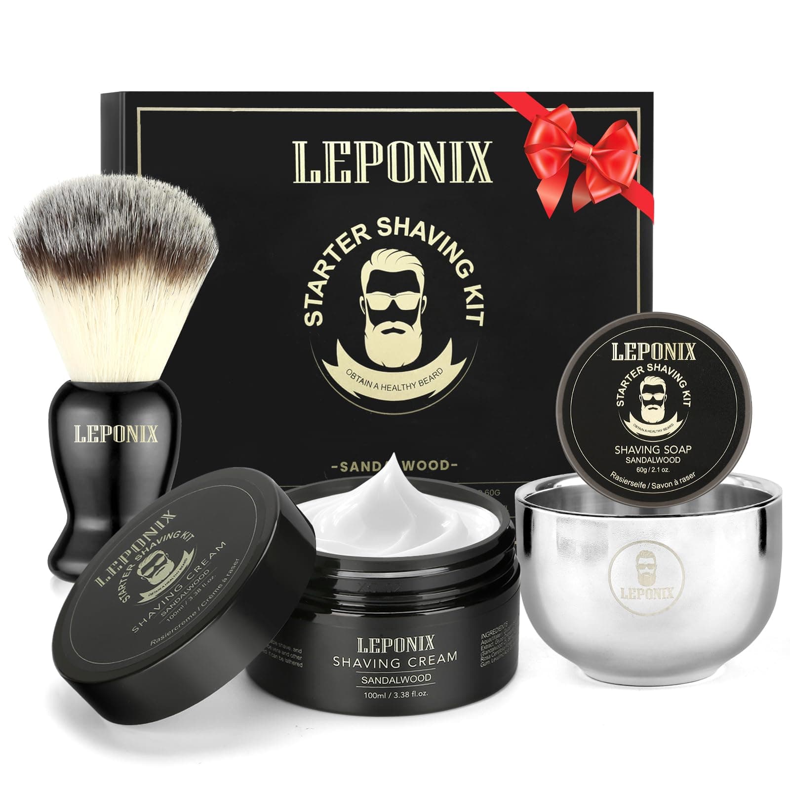 Leponix Shaving Set For Men, Men Includes Sandalwood Cream, Soap, Brush, Bowl Gift Boyfriend