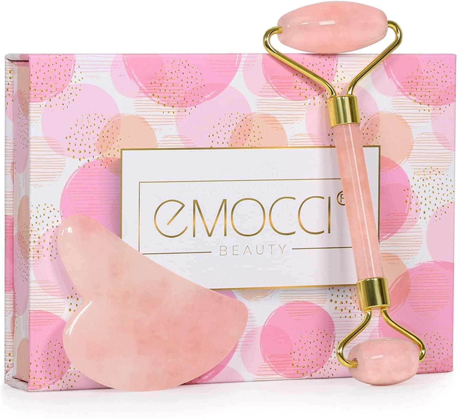 Rose Quartz Face Roller - Jade Roller Gua Sha Set Facial Massager Tools Skin Care Beauty Roller for Body,Face,Eye Puffiness Relief (Rose Pink)