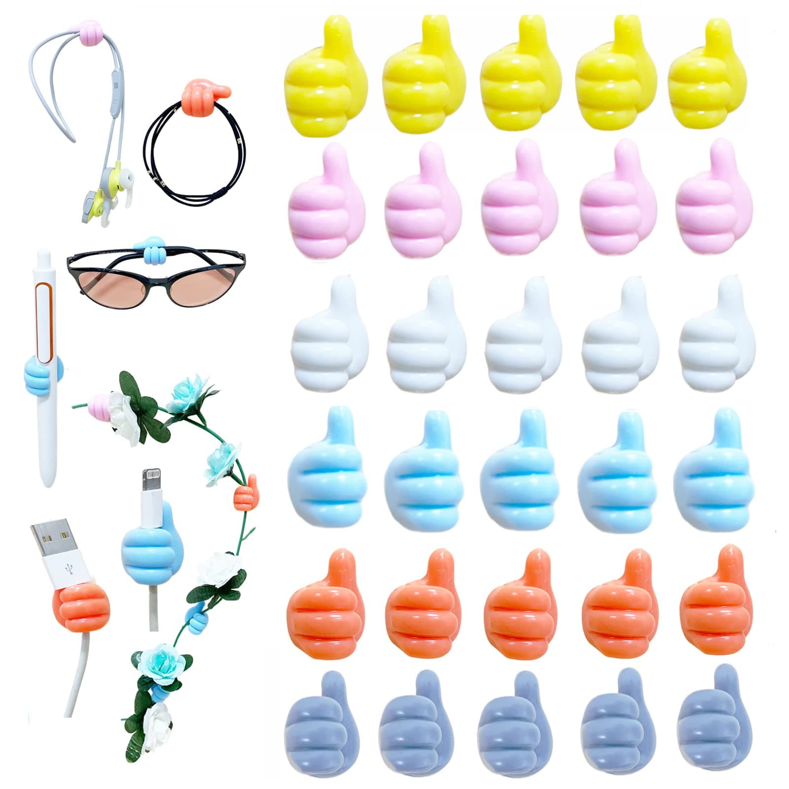 LBKKC Silicone Thumb Hooks, 30pcs Self Adhesive Wall Hooks, Multifunctional Cord Holder for Desk, Data Cable Clip Wire Desk Organizer