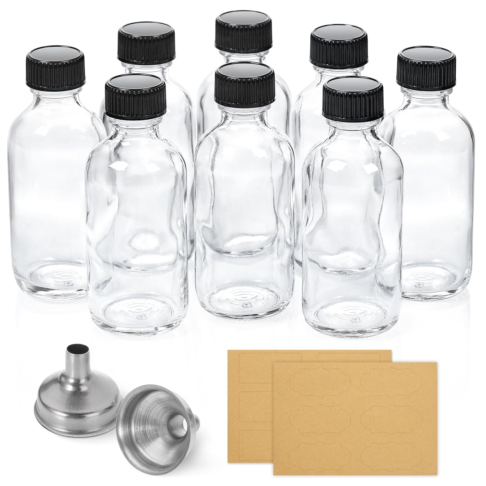 8 Pack, 2 oz Small Clear Glass Bottles with Lids & 2 Stainless Steel Funnels - 60ml Boston Sample Bottles for Potion, Juice, Wellness, Ginger Shots, Whiskey, Liquids - Mini Travel Essential Bottles