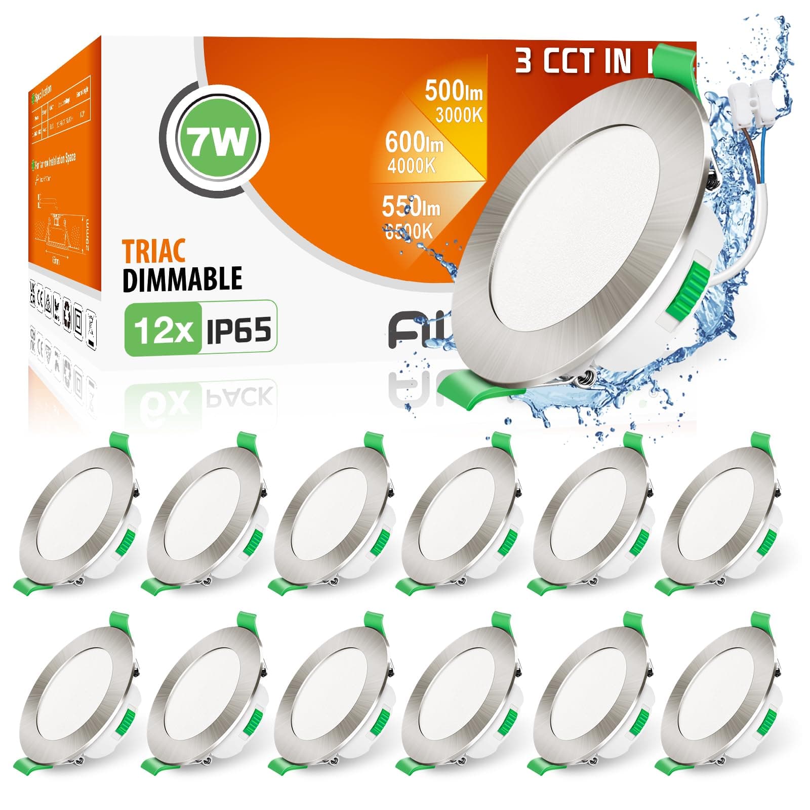 ALUSSO IP65 LED Downlights Dimmable 7W Slim Recessed Ceiling Lights, 3CCT 3000K Warm 4000K Neutral 6500K Cool Adjustable Bathroom Spotlights, Brushed Nickel, 12 Pack