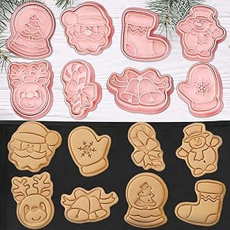 8 Piece Mini Cookie Cutters - 3D Raised Design Stamps, Mini Snowman, Elk, Santa, Candy Cane Molds, Christmas Ornament Set (Christmas-4)