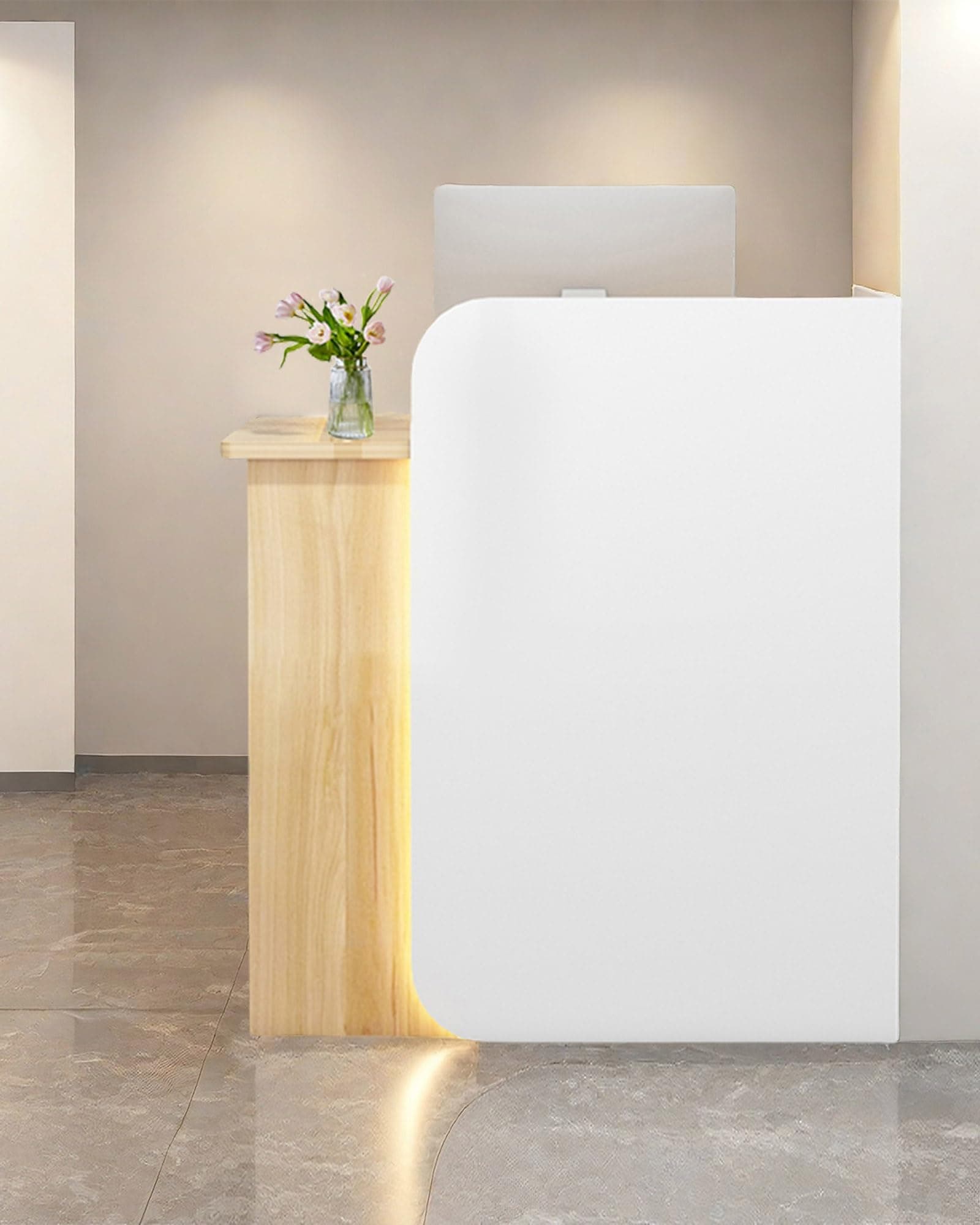 Reception Desk Office Checkout Counter, Modern Front Desk Reception Counter Desk With Lockable Drawer Simple Retail Counter For Retail, Lobby, Beauty Salon Clothing Store(Woodgrain+White,24"Lx18"Wx39"