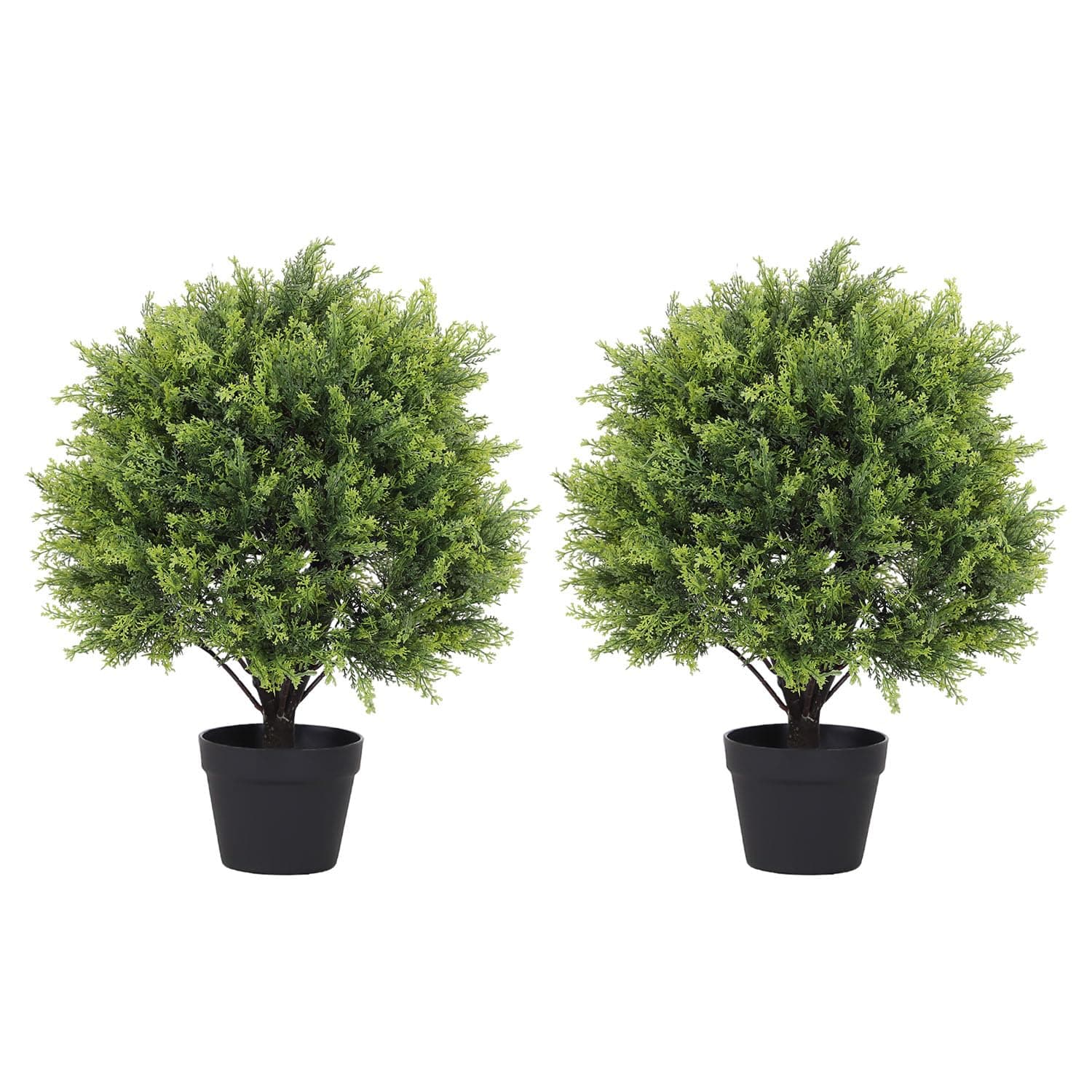 2ft Artificial Cedar Topiary Ball Trees Outdoor, 24" UV Resistant Faux Potted Plants Outside, Realistic Fake Greenery Evergreen Pine Cypress Bushes Shrubs for Front Porch Planter Indoor Decor Set of 2