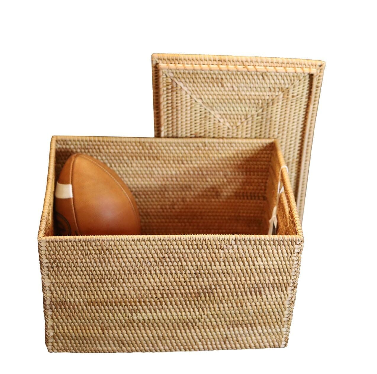 INBOM Rectangular Rattan Storage Basket - 18x13x12 Inches Wicker Storage Basket with Lid and Handles, Rattan Fern Handwoven Wicker Basket from Vietnam, Sturdy and Lightweight Rattan Decor