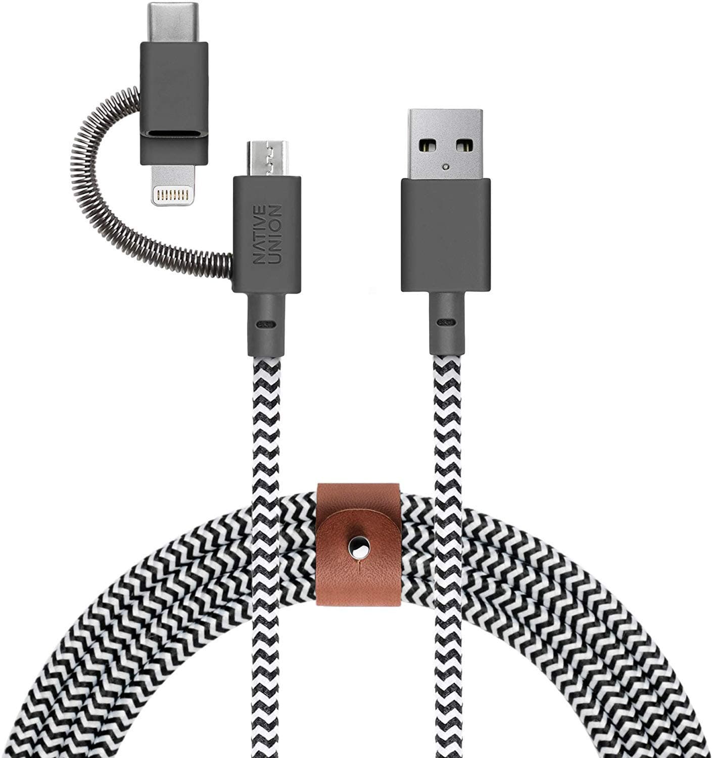 Native Union Native Union Belt Cable Universal - 6.5ft Ultra-Strong [Apple MFi Certified] Reinforced Charging Cable with 3-in-1 Adaptor for Lightning, USB-C and Micro-USB Devices (Zebra)
