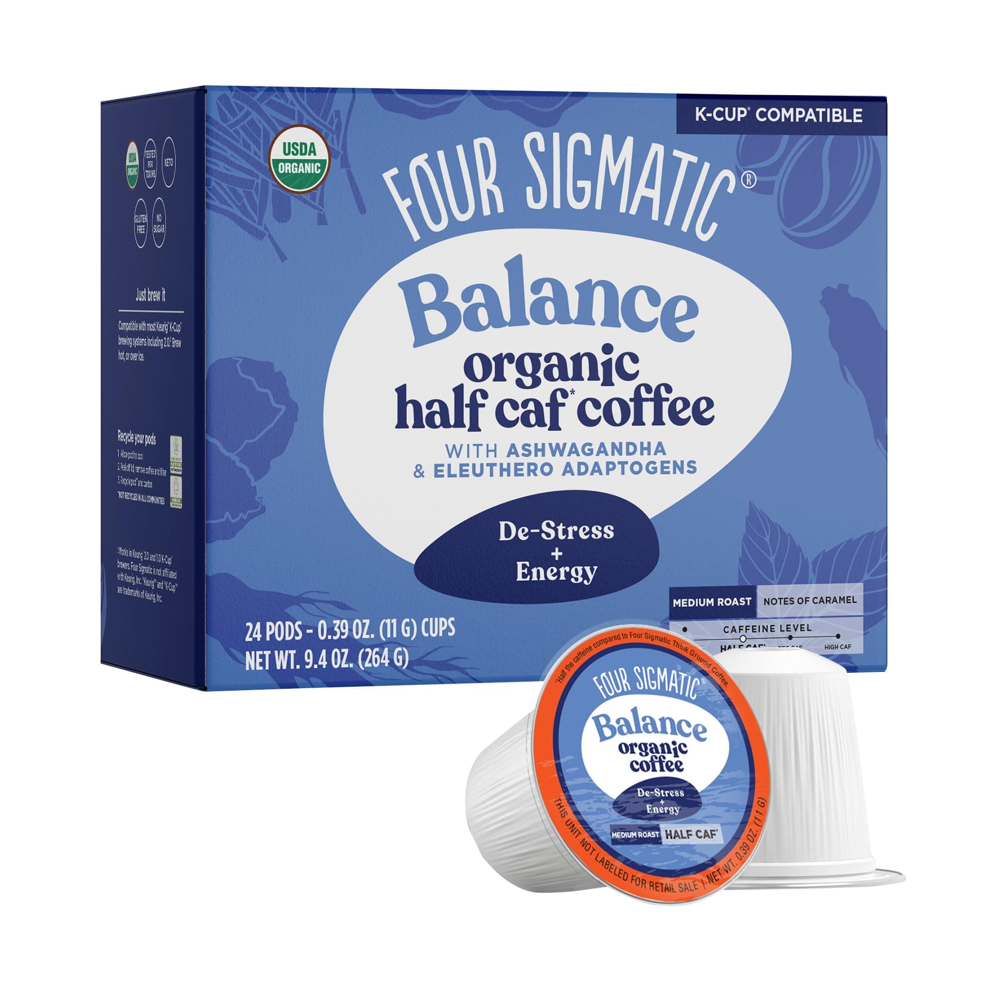 Four Sigmatic Adaptogen Coffee K-Cups | Organic Medium Roast Ground Coffee with Ashwagandha, Eleuthero, Chaga & Tulsi | Immune Support & Stress Relief | Keto | 24 Count