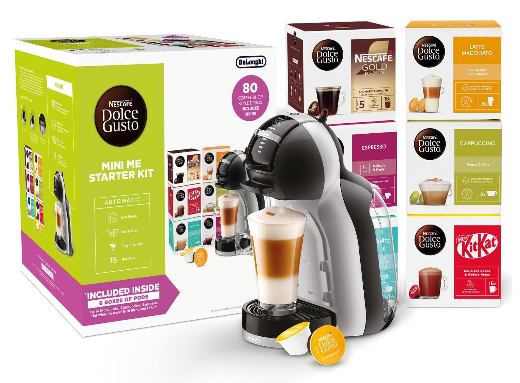NESCAFÉ Dolce Gusto EDG155.BG Mini-Me Automatic Coffee Machine Black & Arctic Grey by De’Longhi - Starter Kit