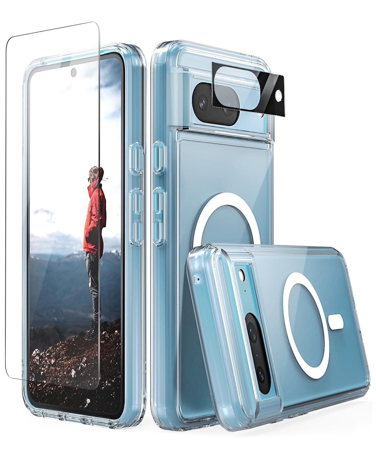 CaseBorne Compatible with Pixel 8 Case - [5-in-1] [Compatibel with MagSafe] Ultra Clear Hybrid [Anti-Yellowing], with Screen Protector and Cameras Shield - Crystal Clear