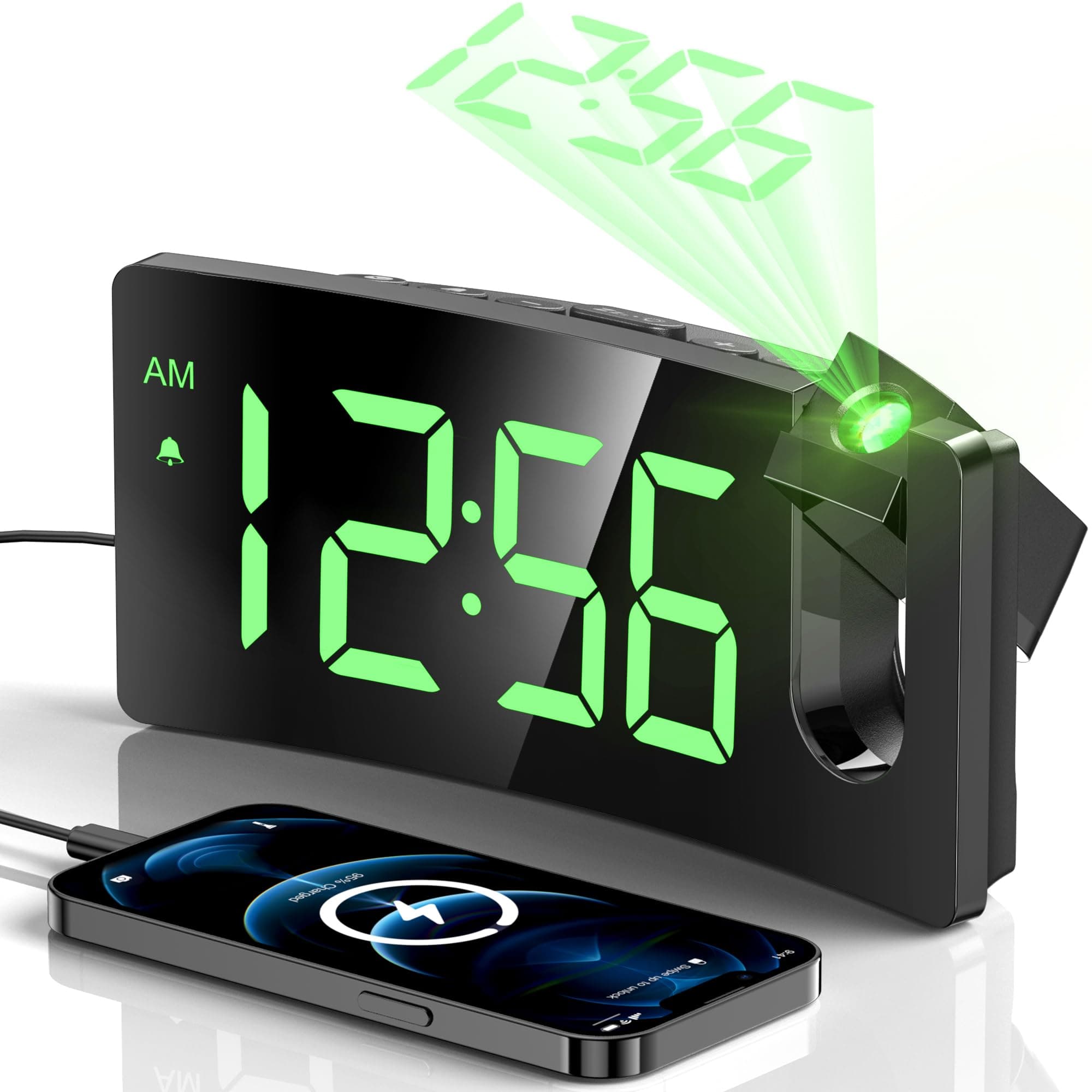Projection Alarm Clock, Digital Clock with 180° Rotatable Projector, 3-Level Brightness Dimmer, Clear LED Display, USB Charger, Progressive Volume, 9mins Snooze,12/24H, Digital Alarm Clock for Bedroom