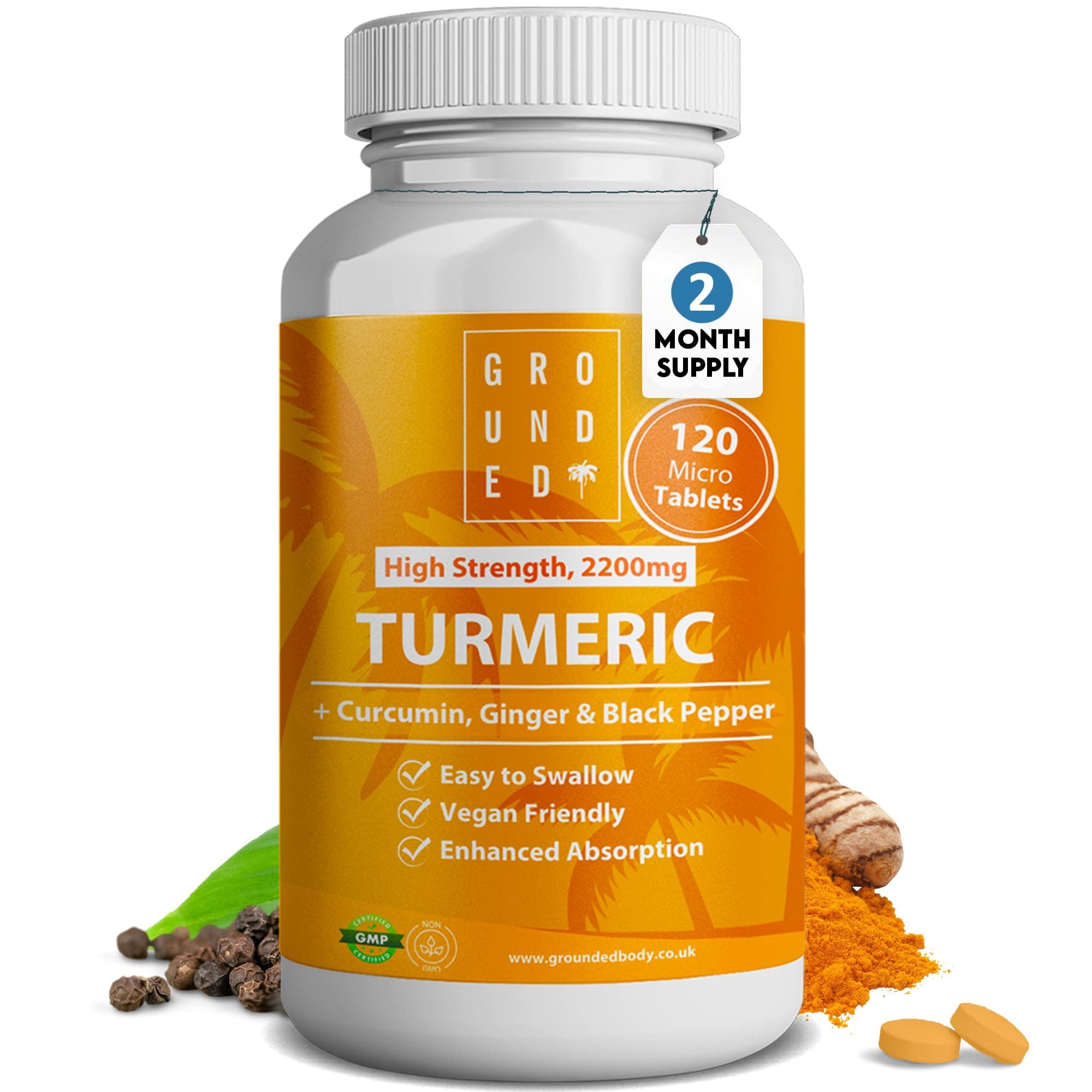 Grounded Turmeric Tablets 2,200mg with Black Pepper & Ginger 35:1 Extract | 2 Month Supply, 120 Tablets | High Strength Herbal Curcumin Supplement | Natural Anti Inflammatory & Antioxidants | Vegan UK