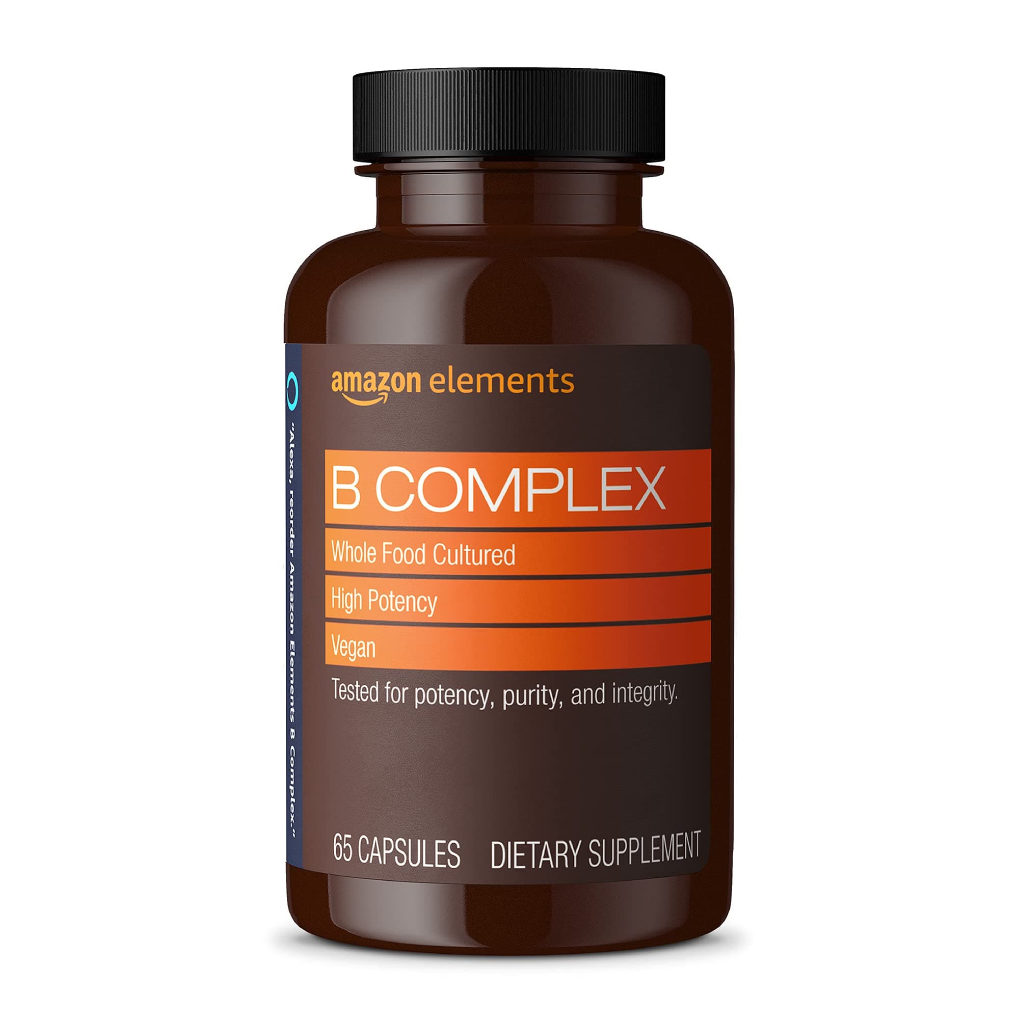 Amazon Elements - B Complex, High Potency, 83% Whole Food Cultured, Supports Immune and Normal Energy Metabolism, Vegan, 65 Capsules, b Complex Vitamins, 2 month supply (Packaging may vary)