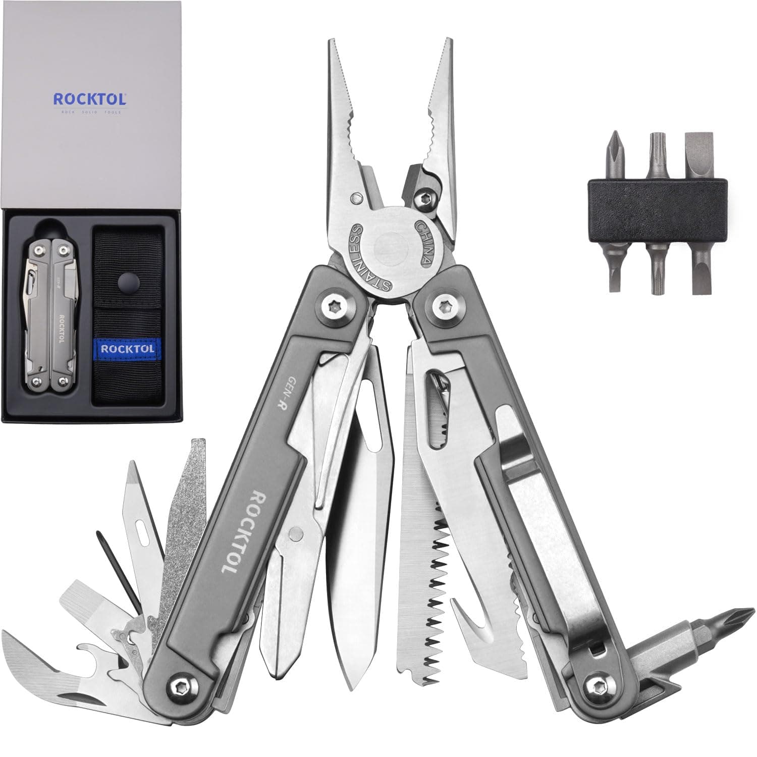 ROCKTOL Multitool Pliers, EDC Multitool Pocket Knife VG10 Blade, 27-in-1 Multi-tool with Titanium-plated Handle, Precision Screwdriver, Gut Hook for Hunting, Backpacking, Hiking, Camping, (Gen-R)