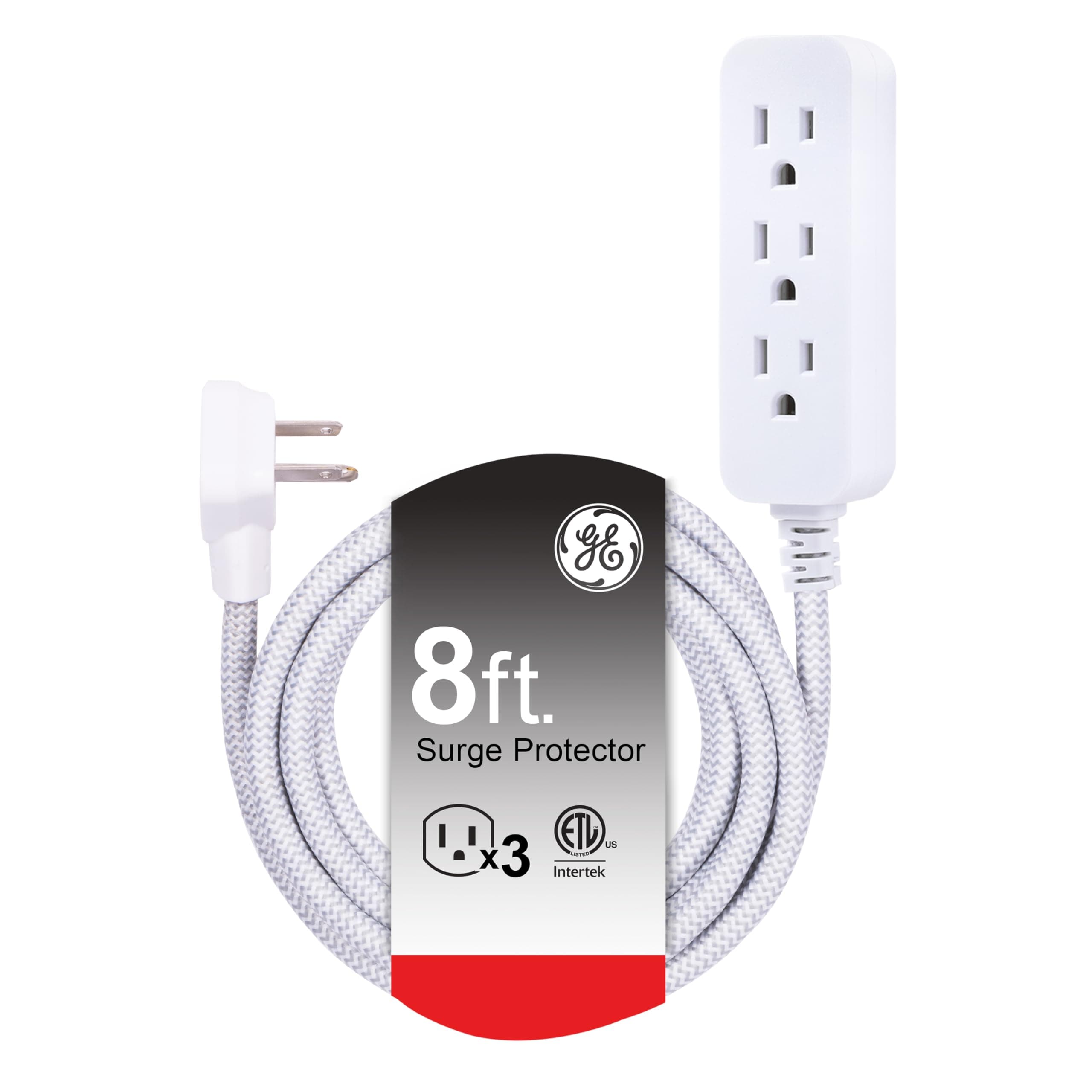 GE 3-Outlet Power Strip 8 Ft Braided Extension Cord with Multiple Outlets Grounded Flat Plug ETL Listed White 38433