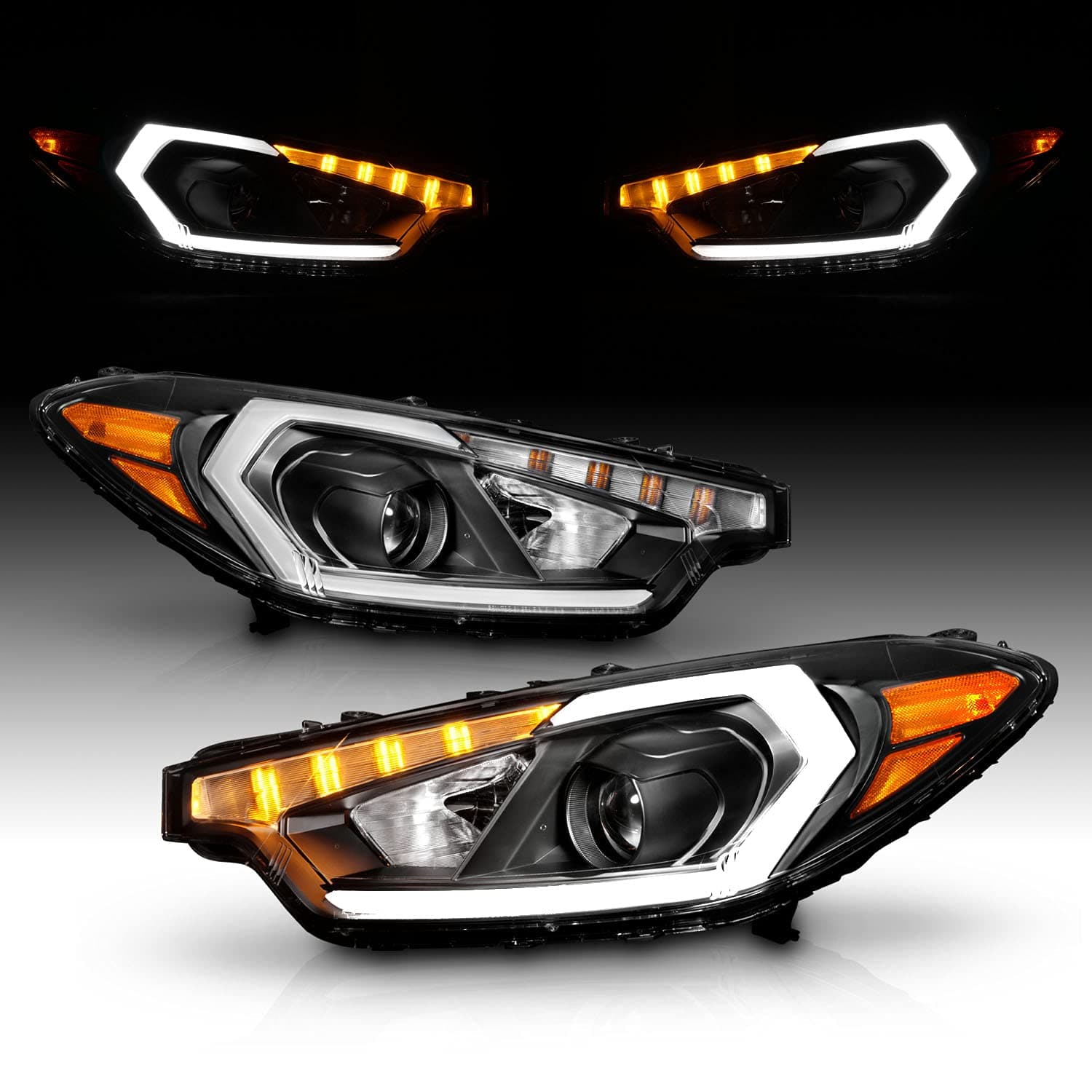 AmeriLite for 2014-2016 Kia Forte w/LED Position Models Projector DRL Light Tube Black Replacement Headlights Assembly Pair - Driver and Passenger Side