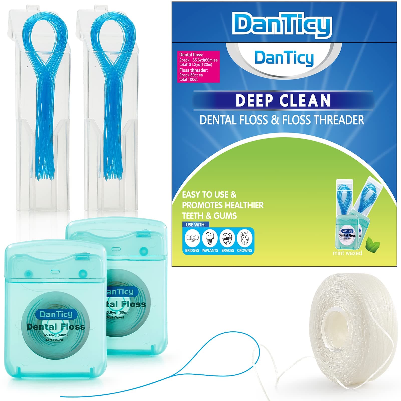 DanTicyDental Floss Sets,Floss and Floss Threaders Deep Clean Floss for Braces, Bridges and Implants,PFAS Free | Mint Flavored,60m 2Pack Floss and 100Pcs Floss Threaders(2Pack)