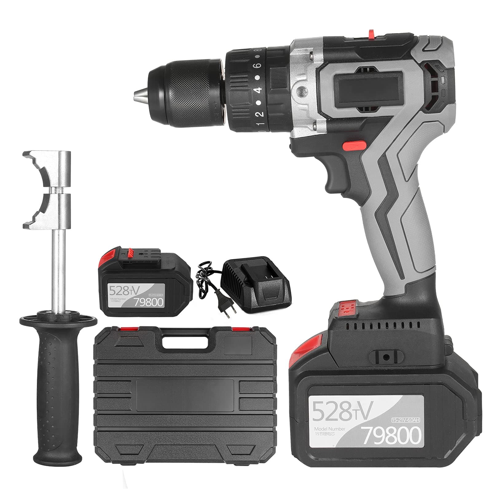 Cordless Drill Driver 21V 6.0A Battery Max Torque 200N.m 1/2 Inch Metal Keyless Chuck 20+3 Position 0-1550RMP Variable Speed Impact Hammer Drill Screwdriver With Plastic Tool Box