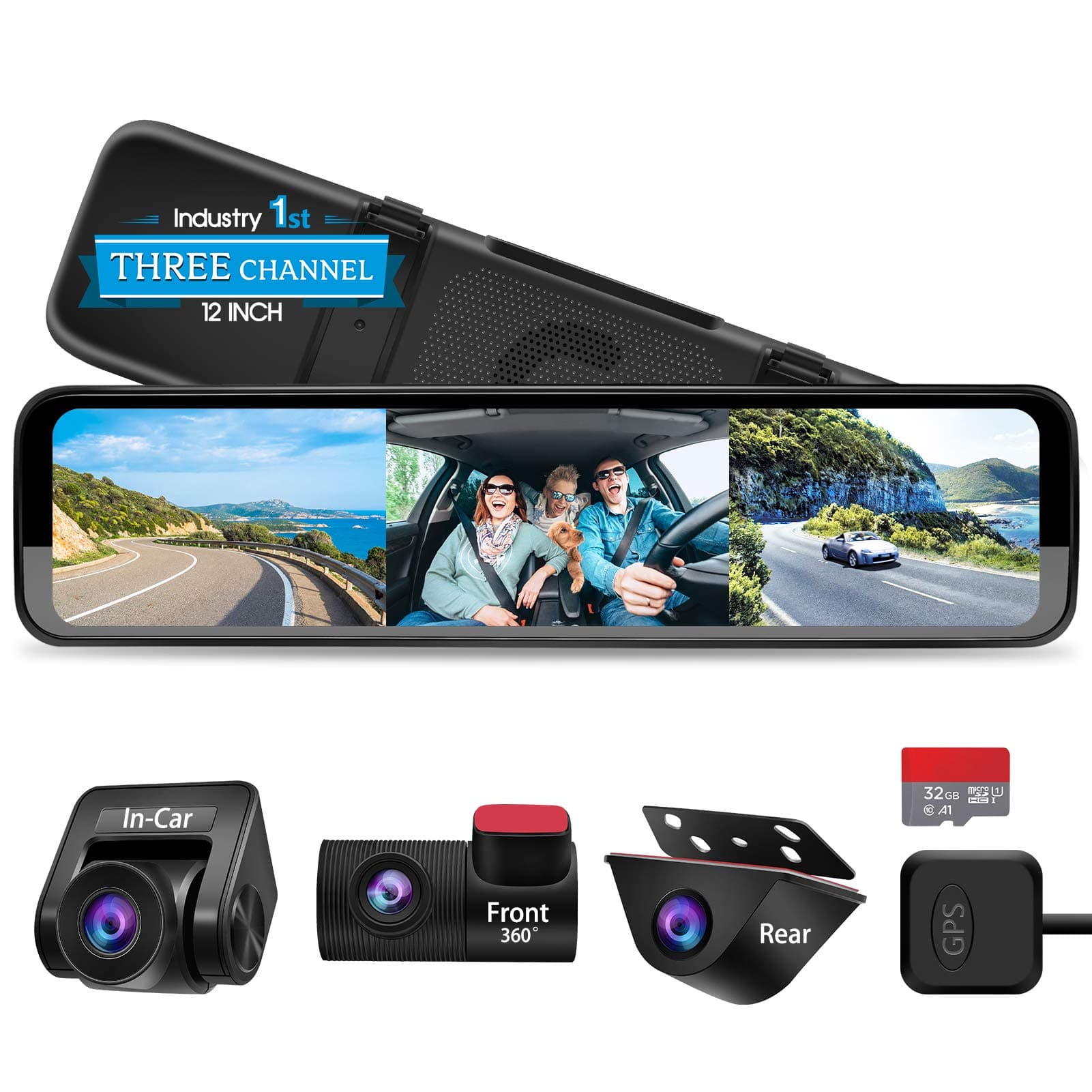 PORMIDO Triple 12" Mirror Dash Cam 3 Channel with Detached Front, Inside, Waterproof Backup Camera, Video Rear View Mirror 1296P Touch Screen with Sony Sensor,Starvis Night Vision,GPS,Parking Assist