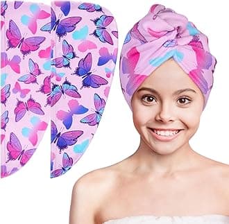 Basumee Microfiber Hair Towel Wrap for Kids 2 Pack - Rapid Drying Turbans With Button for Wet Hair - Head Towel Wrap for Women and Girls, Blue Pink Butterfly