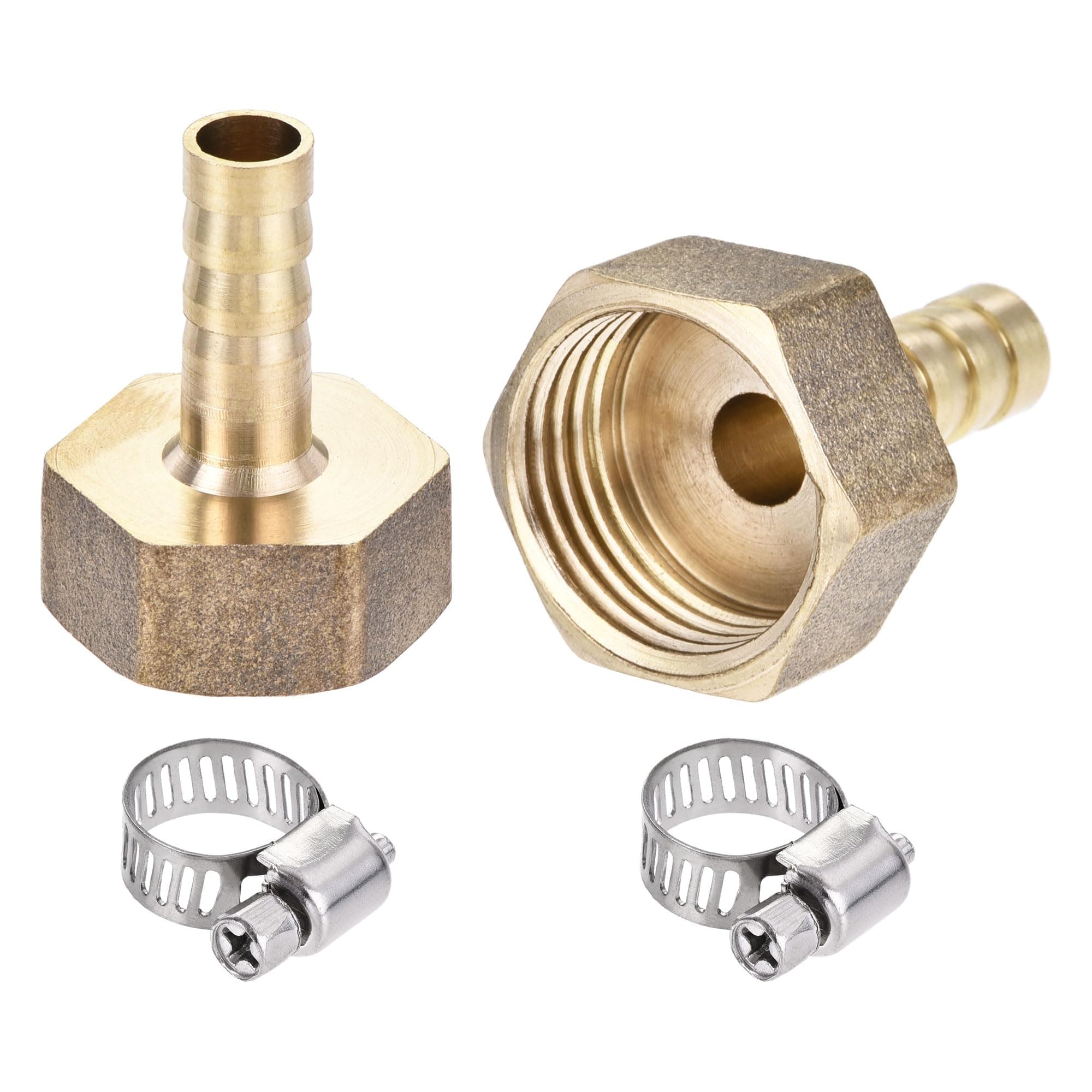 sourcing map Brass Barb Hose Fitting Connector Adapter 8mm Barbed x 3/8PT Female Pipe with 6-12mm Hose Clamp 2Set