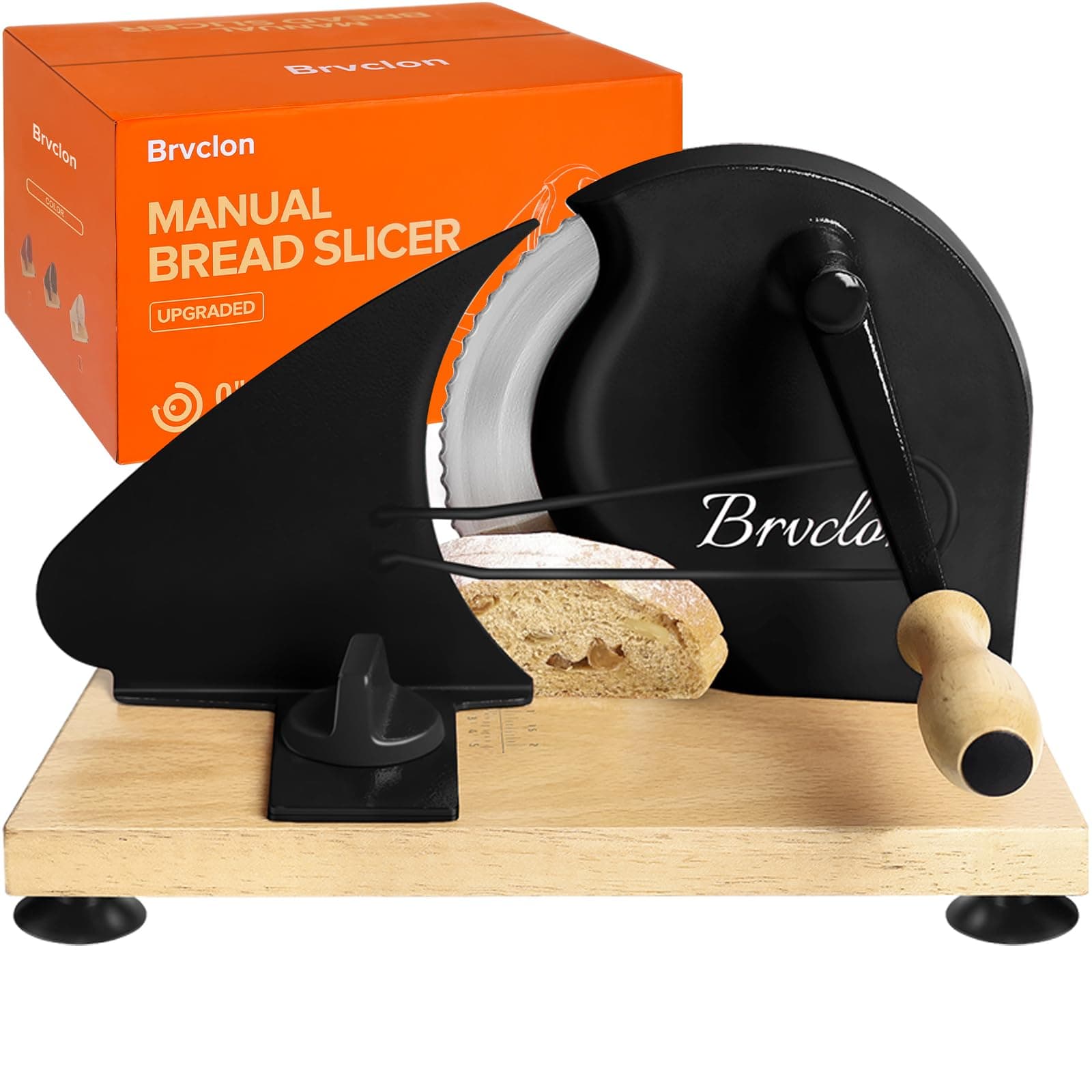 Brvclon Manual Bread Slicer Adjustable Thickness, Hand Crank Bread Slicer for Homemade Sourdough Bread with Scale Line & Suction Cup & Metal Guide,Quality Solid Wood Base & Gift-Level Packaging