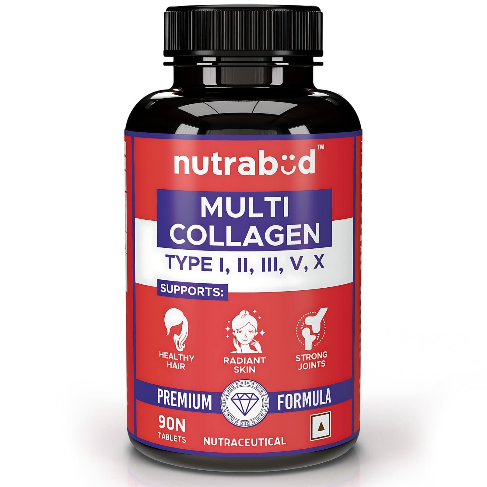Nutrabud Multi Collagen Complex Supplement for Women, Men - 90 Tablets - Hydrolyzed Peptides with all 5 Types of Collagen Including TYPE I, II, III, V & X (90 Count (Pack of 1), Unflavoured)