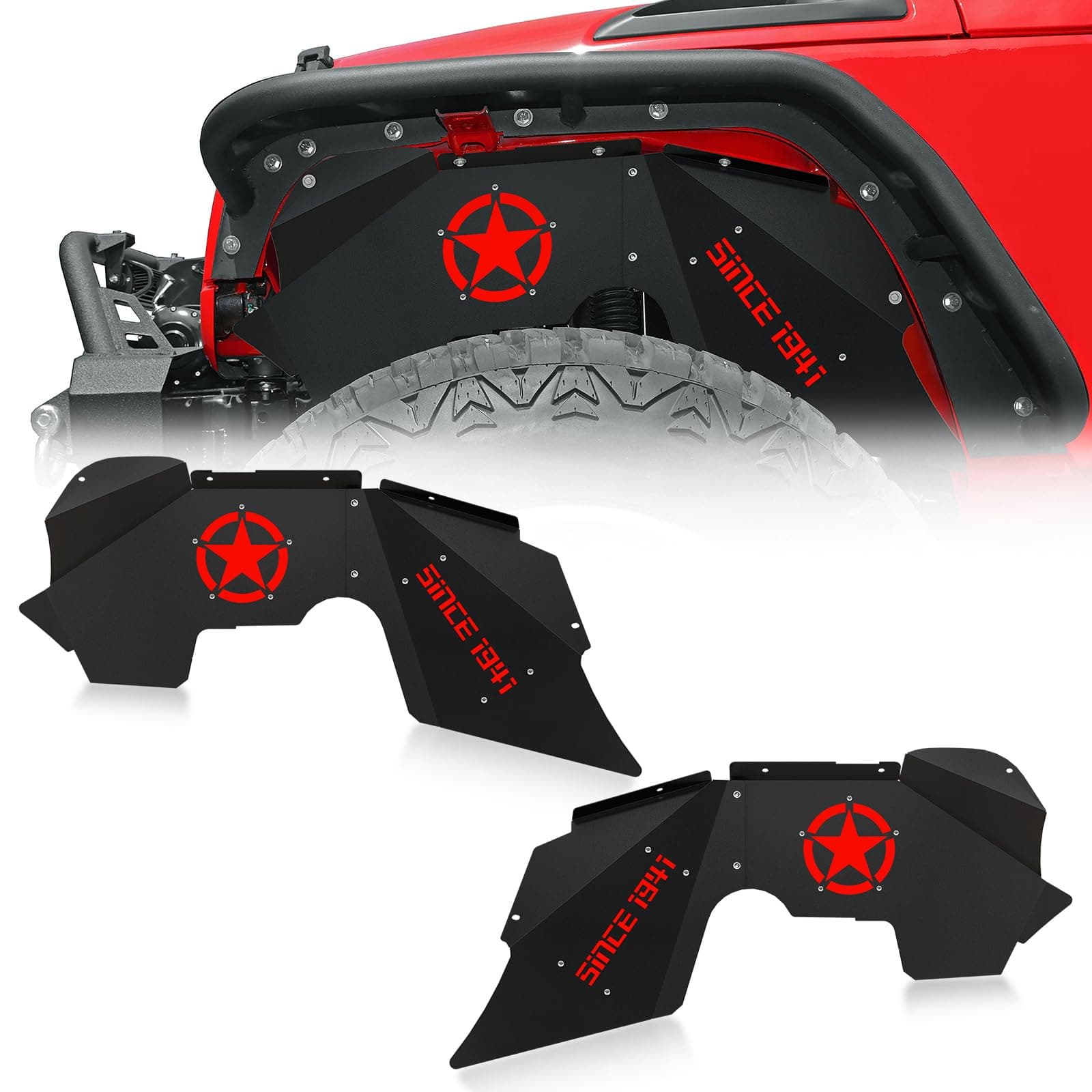 YZONA Front Inner Fender Liners Compatible with 2007-2018 Jeep Wrangler JK & JKU Unlimited 2/4 Doors, Bolt-on Style Mud Guards Cover Steel Wheel Well Fenders Flares (2 Pcs, 1941 & Red Star Style)
