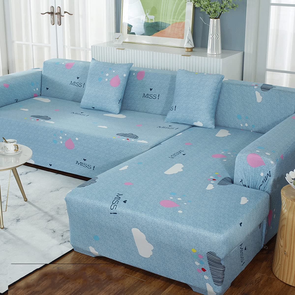 1 pcs Sectional Couch Covers, Printed L-Shaped, Stretch Sofa Cover Stretchable for Sectional Sofa, Suitable for Combined Chaise Longue Cover (Pattern XYUN, 3 seat)