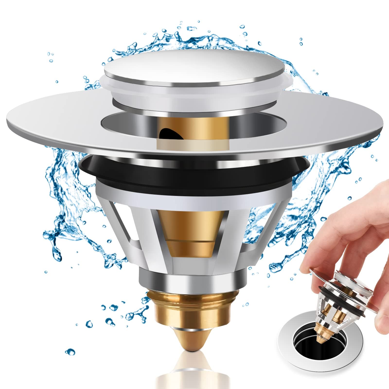 Sink Plug Stopper, Universal Bathroom Pop Up Sink Plug Replacement, for 34-38 mm Basin Pop Up Sink Drain Strainer, Anti Clogging Sink Drain Filter with Hair Catcher