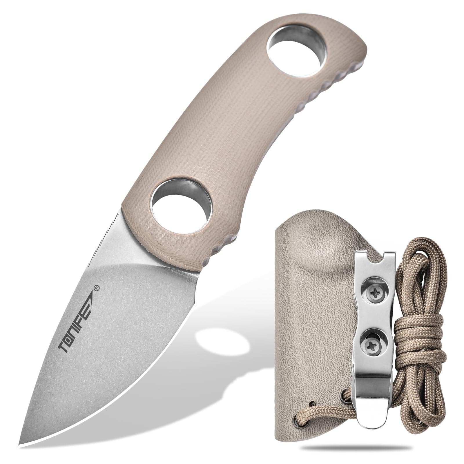 TONIFE Fixed Blade Knife 4.8cm, Mini Neck Knife with Kydex Sheath and Cord, EDC Portable Fixed Knife for Outdoor Survival