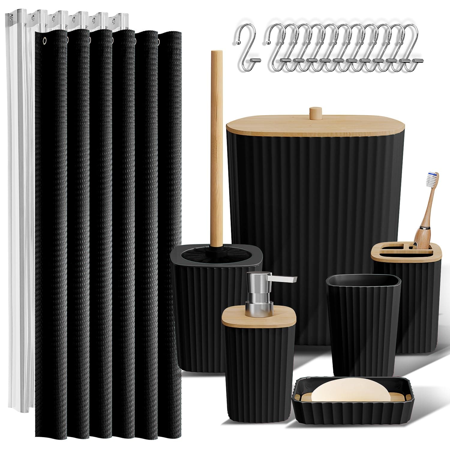 Clara Clark Bathroom Accessories Set - Bathroom Set, 20 PC Bathroom Accessory Set, Black Shower Curtain Set, Toilet Brush, Trash Can & Soap Dispenser