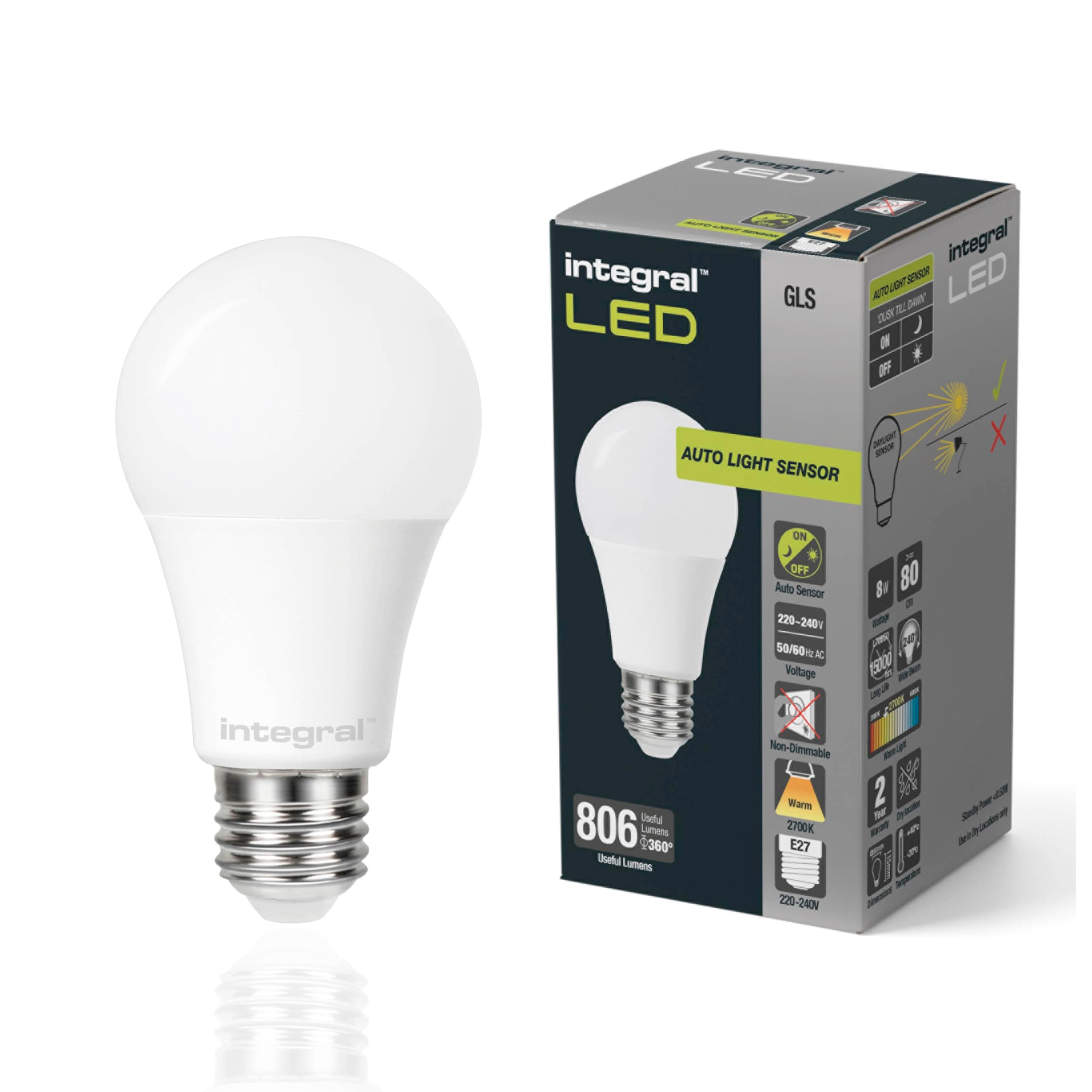 Integral LED Low Energy Dusk Till Dawn Sensor Light Bulb ES E27 Screw Cap =60w Warm White 2700K,8 Watts