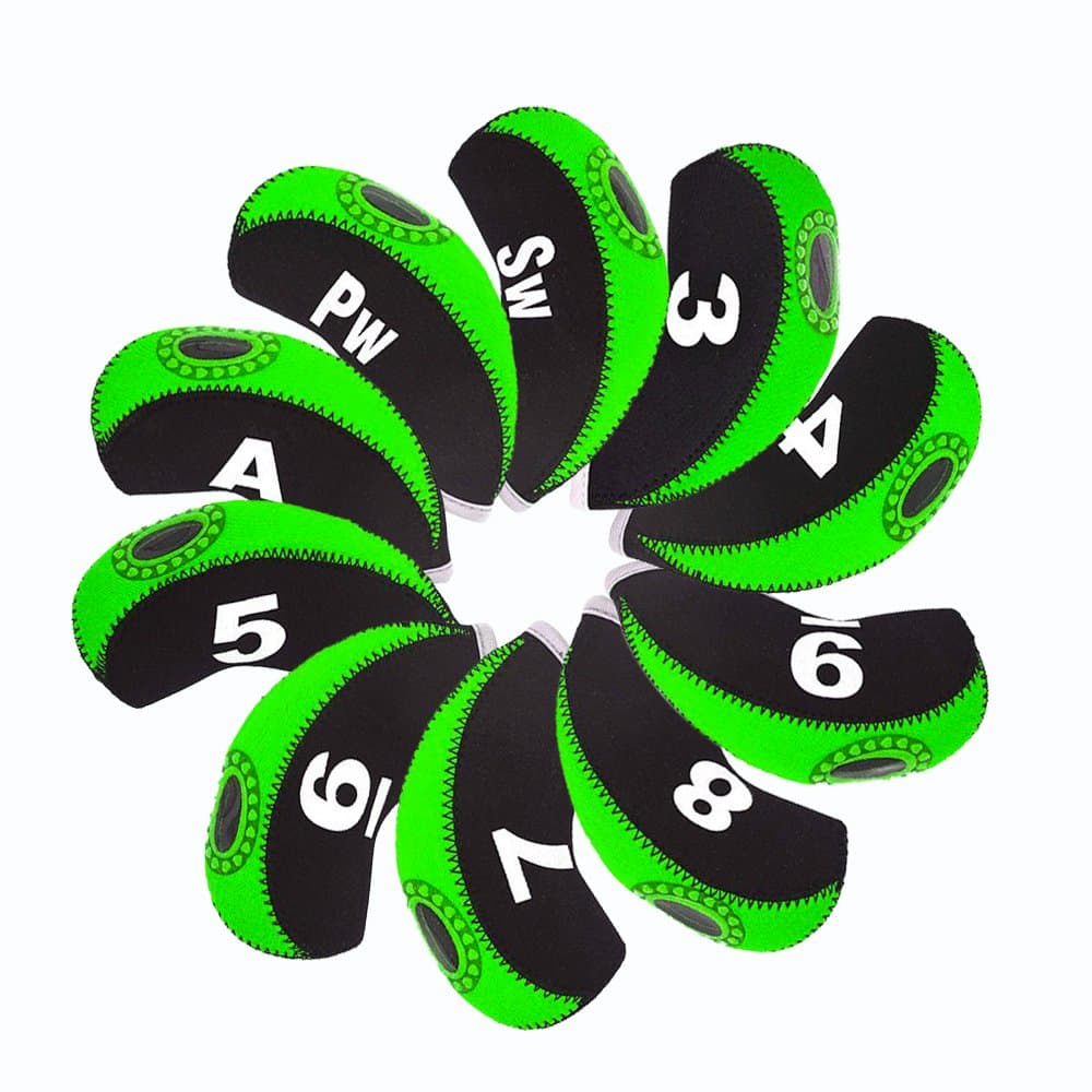 Debonice 10pcs/set Golf Iron Head Covers 3-9 A/SW/PW Elastic Neoprene Material with Number Tag Protect Case for Irons (Green)